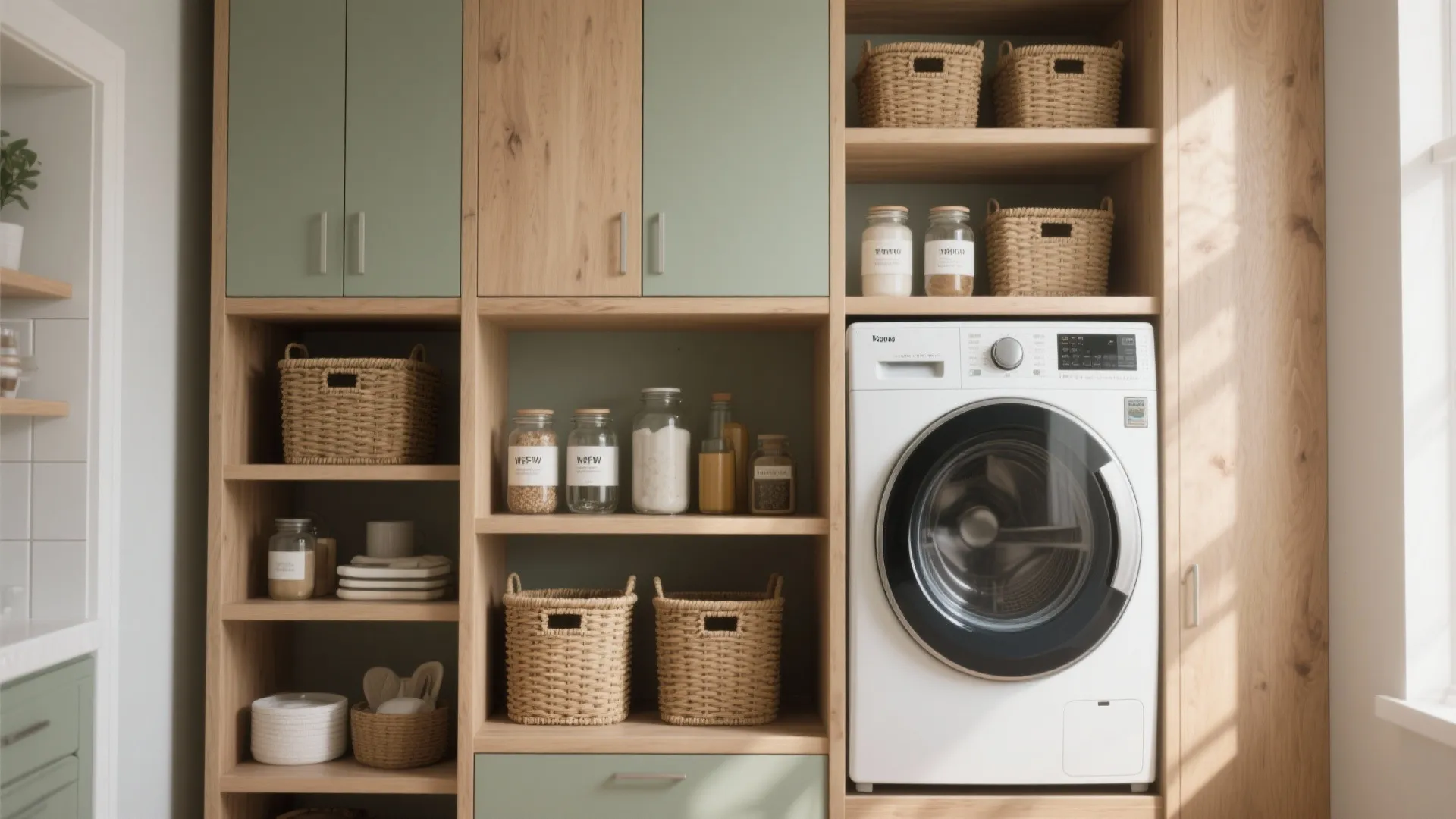 2. Vertical Cabinets and Open Shelves Above