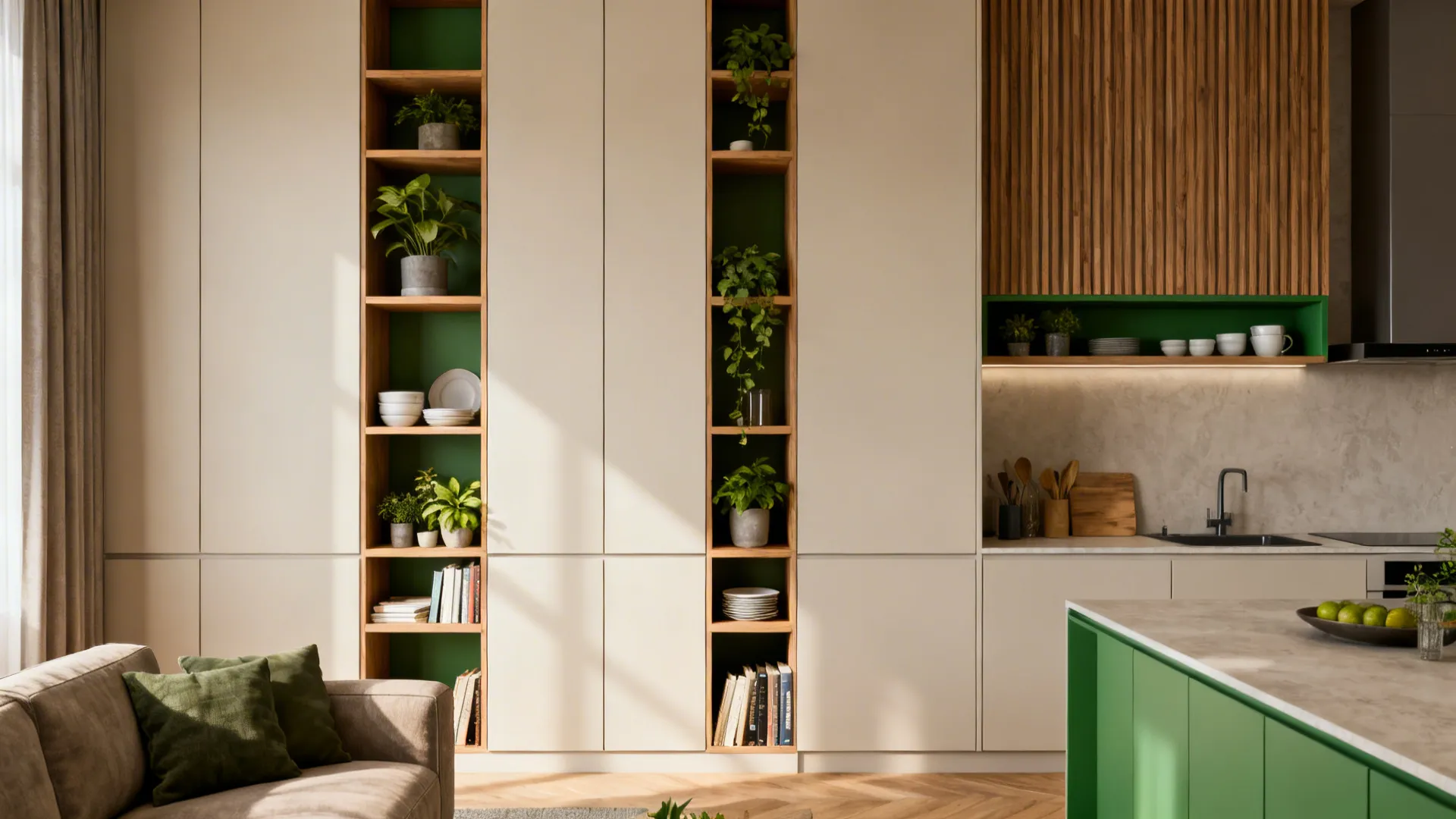Tall cabinets and staggered open shelving in a compact living-kitchen area creating visual height.