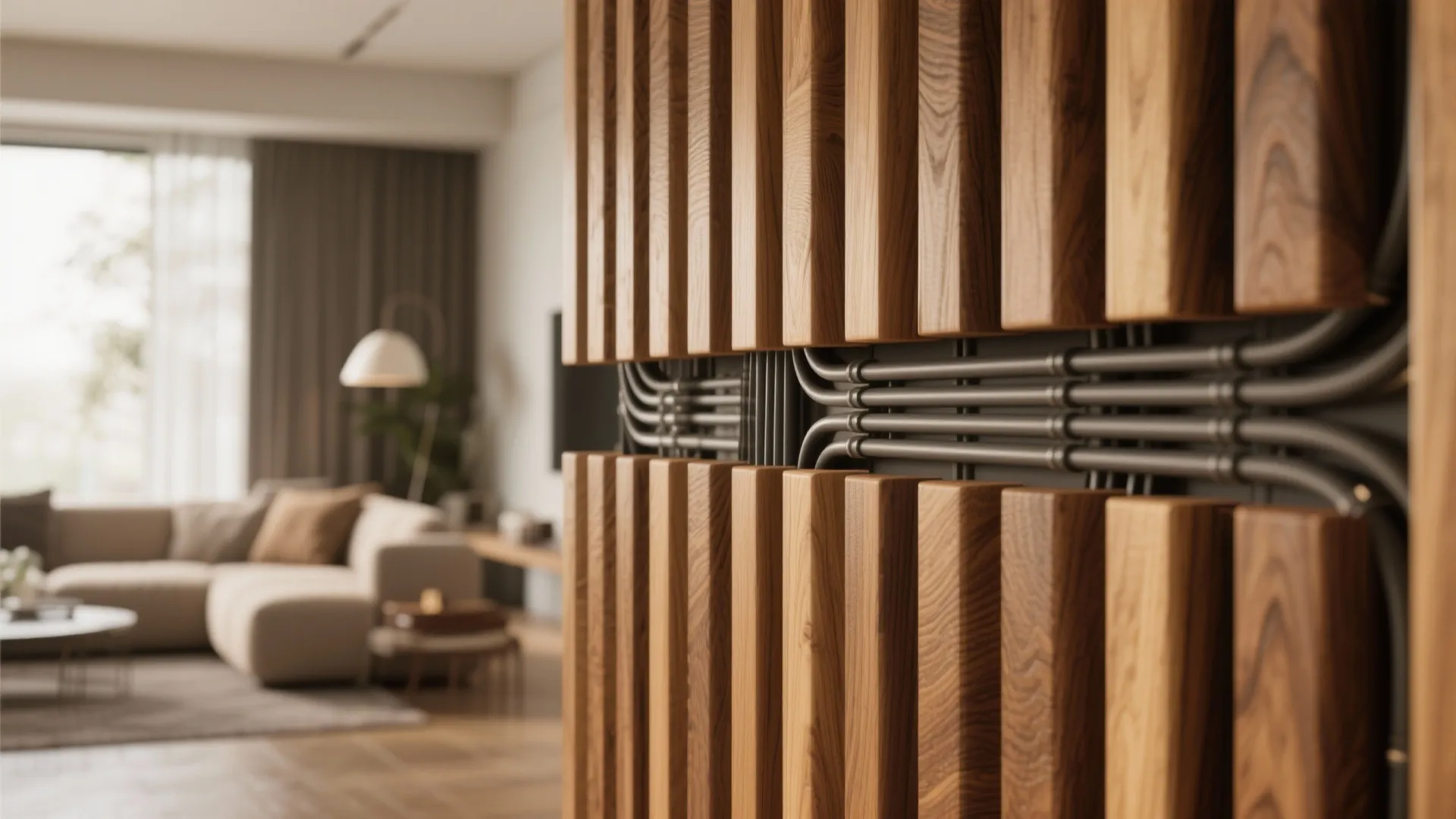 Vertical wood wall panels with black electrical cables hidden inside in a modern living room interior