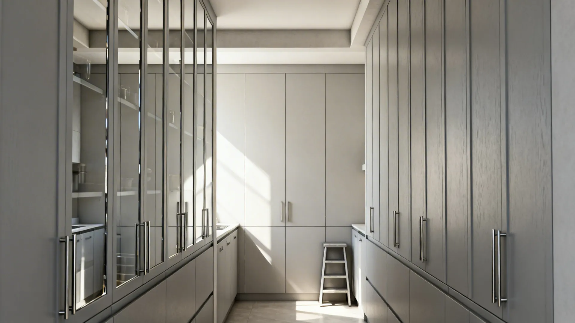 Ceiling-height shallow tall cabinets with mirrored pantry doors in a narrow kitchen.