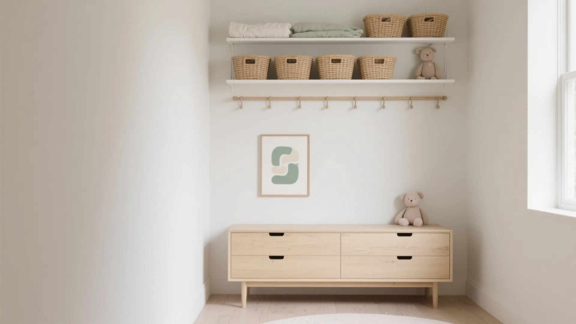Clean white wall with wooden cabinet wall shelves storage baskets and a small teddy bear toy
