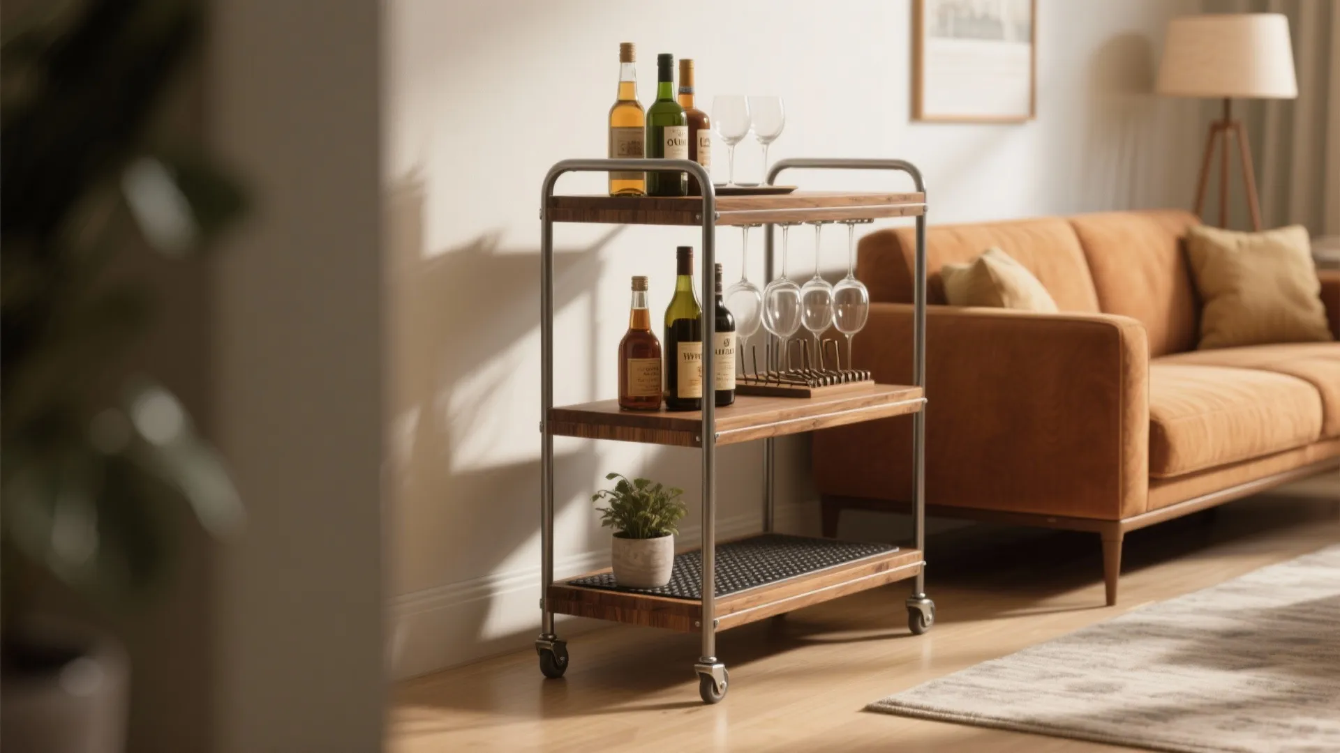 Tall narrow vertical bar cart with stacked wood shelves and metal frame in a living room