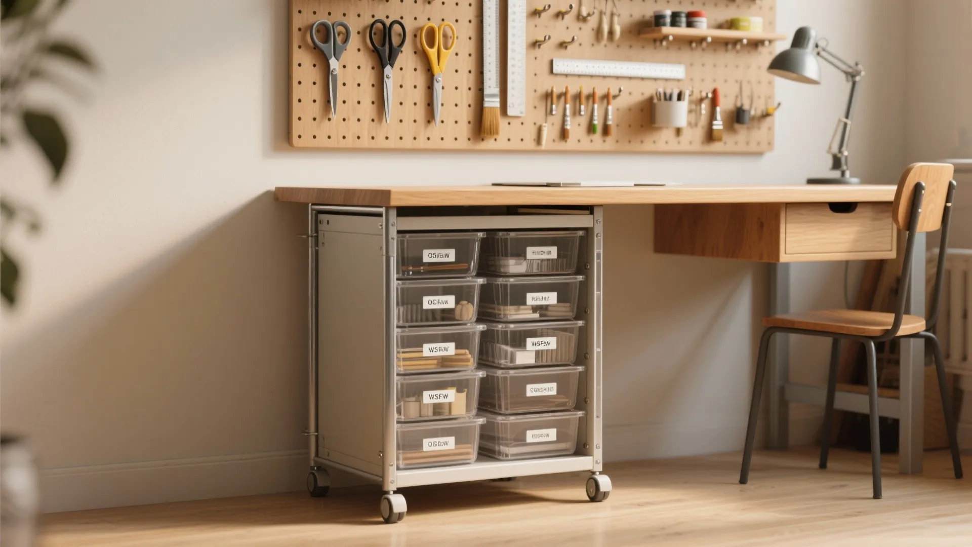 1. Go Vertical with Rolling Carts and Pegboards