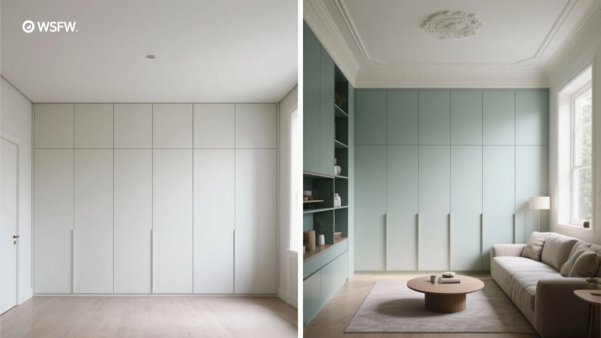Before and after comparison of plain white wall versus green cabinet storage in living room