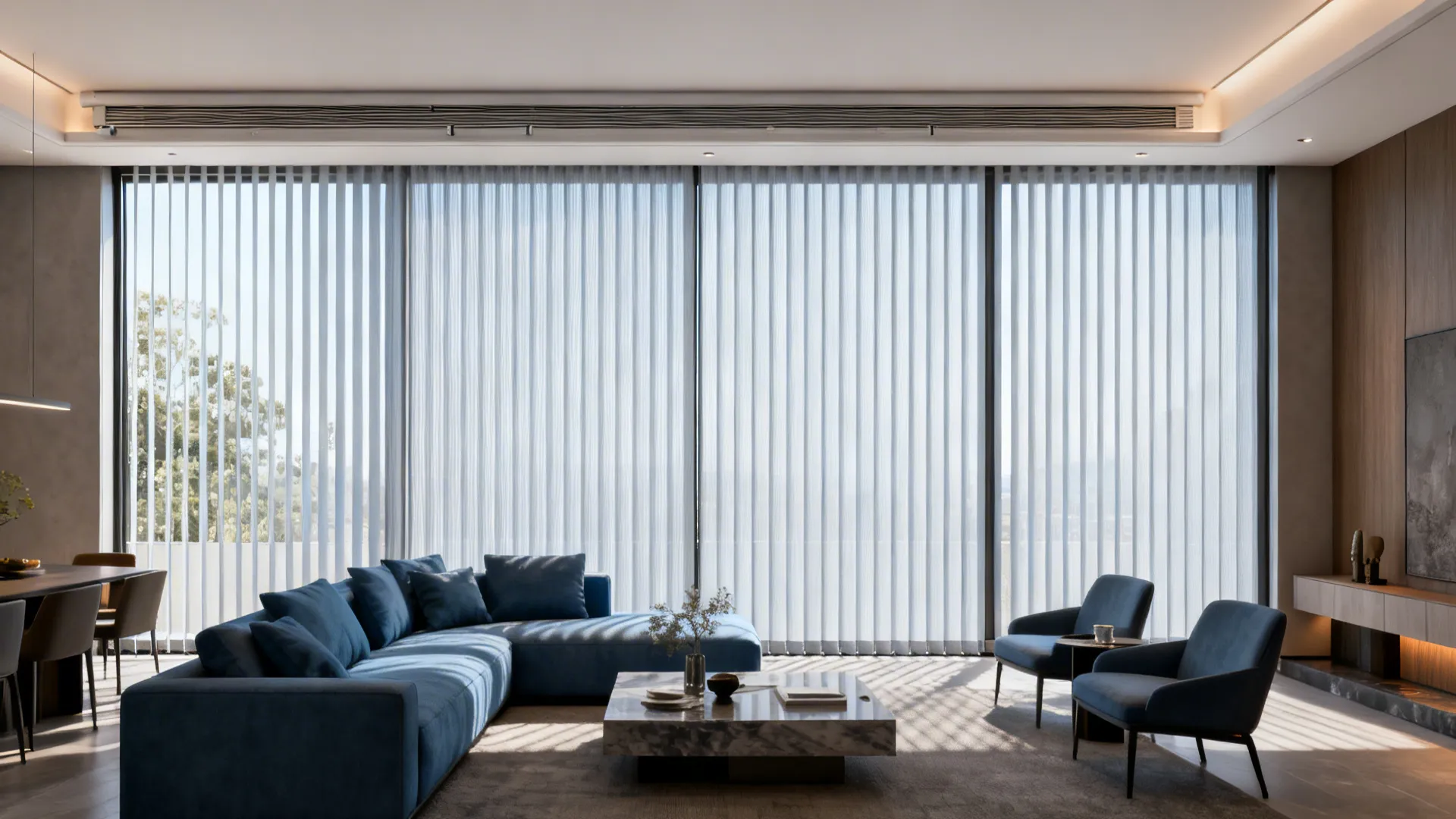 Spacious living room with blue corner sofa and matching chairs featuring vertical white window blinds