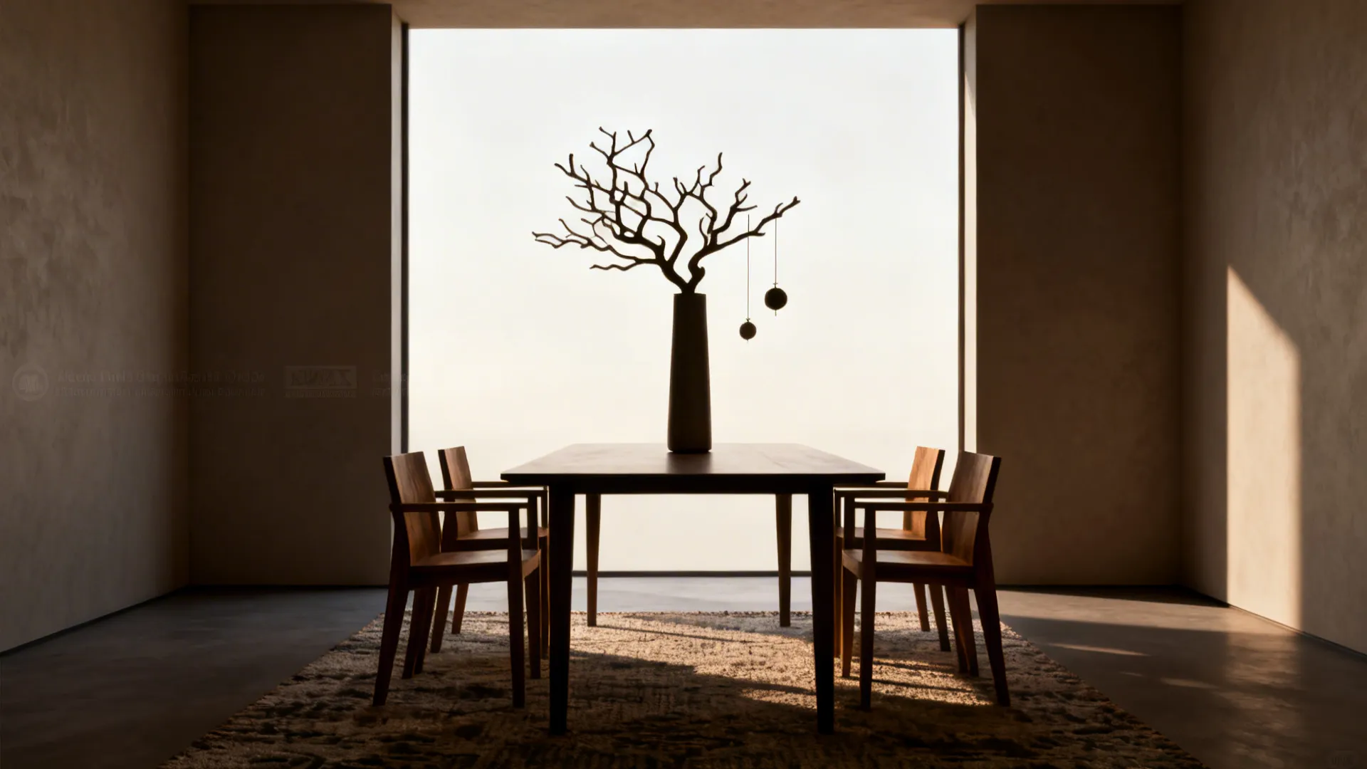 Minimalist dining room with wooden table chairs and a decorative branch vase against a bright window