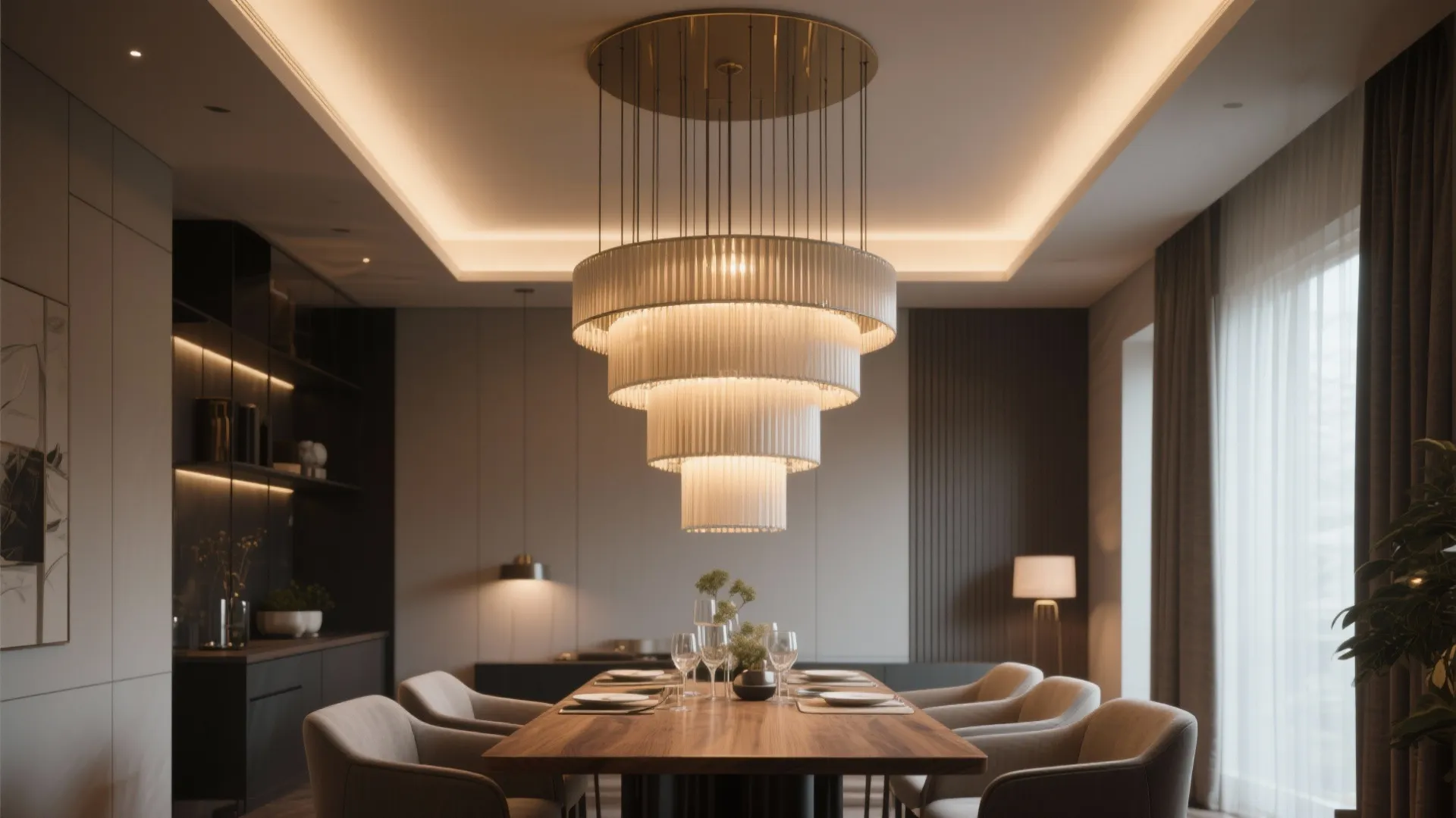Modern dining room featuring large tiered ceiling light over wooden table with grey upholstered chairs