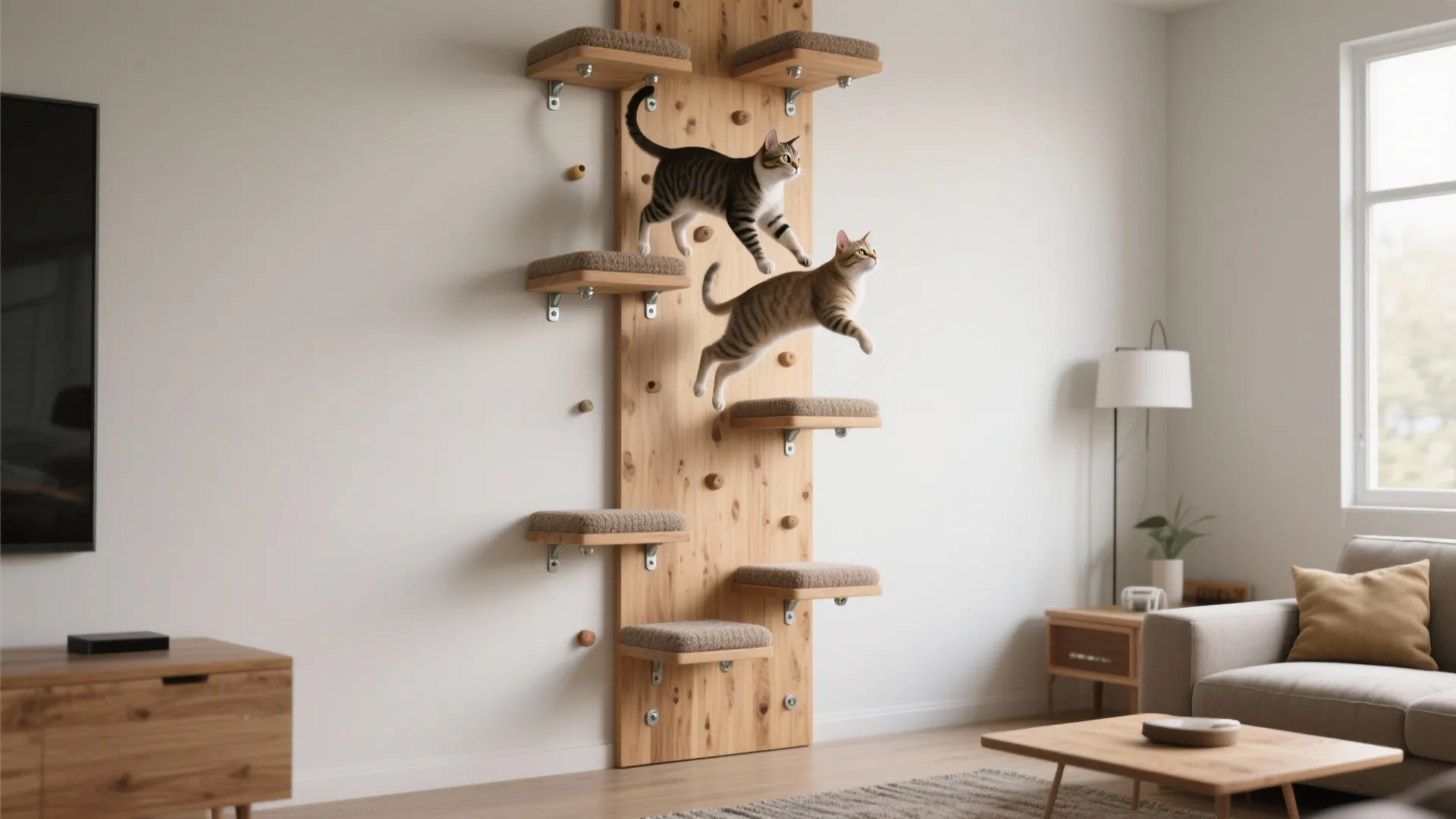 Wall mounted wooden cat climbing tree with two cats jumping between small carpeted steps indoor