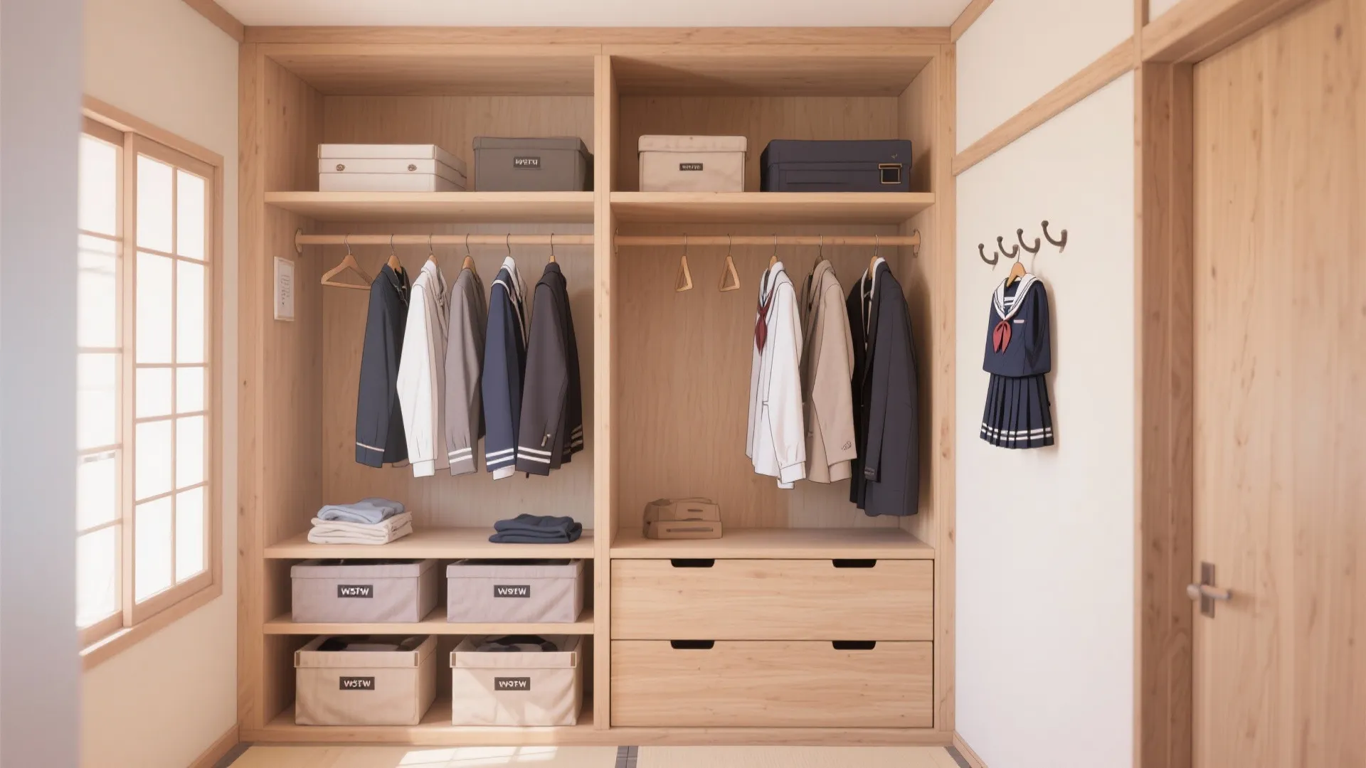 Tips 3: クローゼットは“縦の分節”で季節物と通学セットを分ける（収納技巧）
