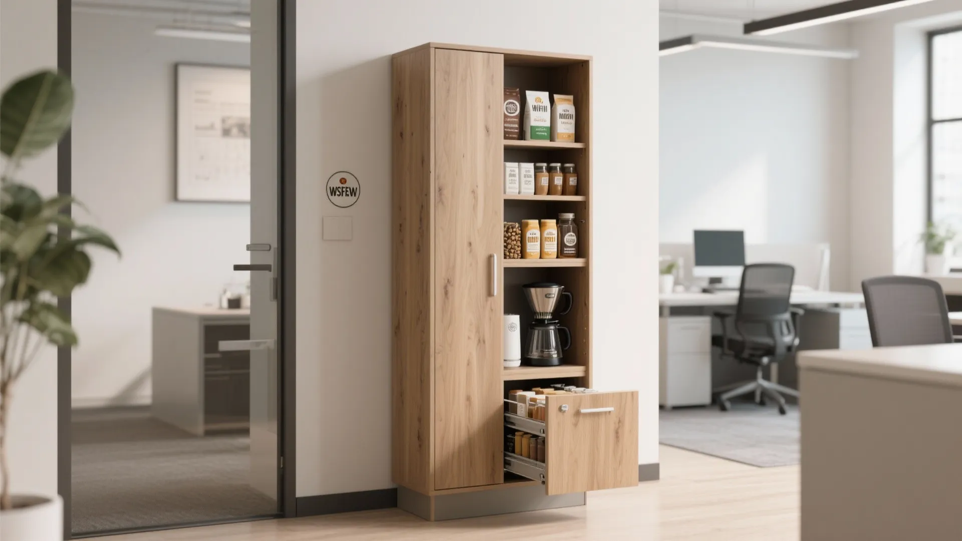 Tall coffee pantry cabinet with pull-out shelf.
