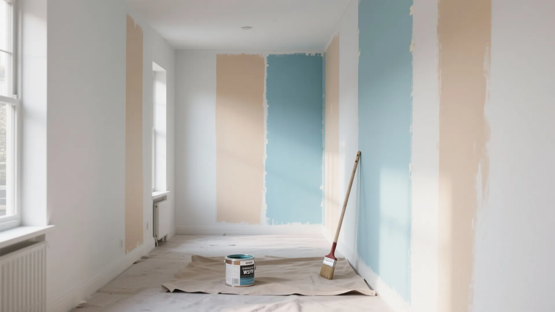 Empty white room being painted with blue and beige vertical stripes on the plain walls