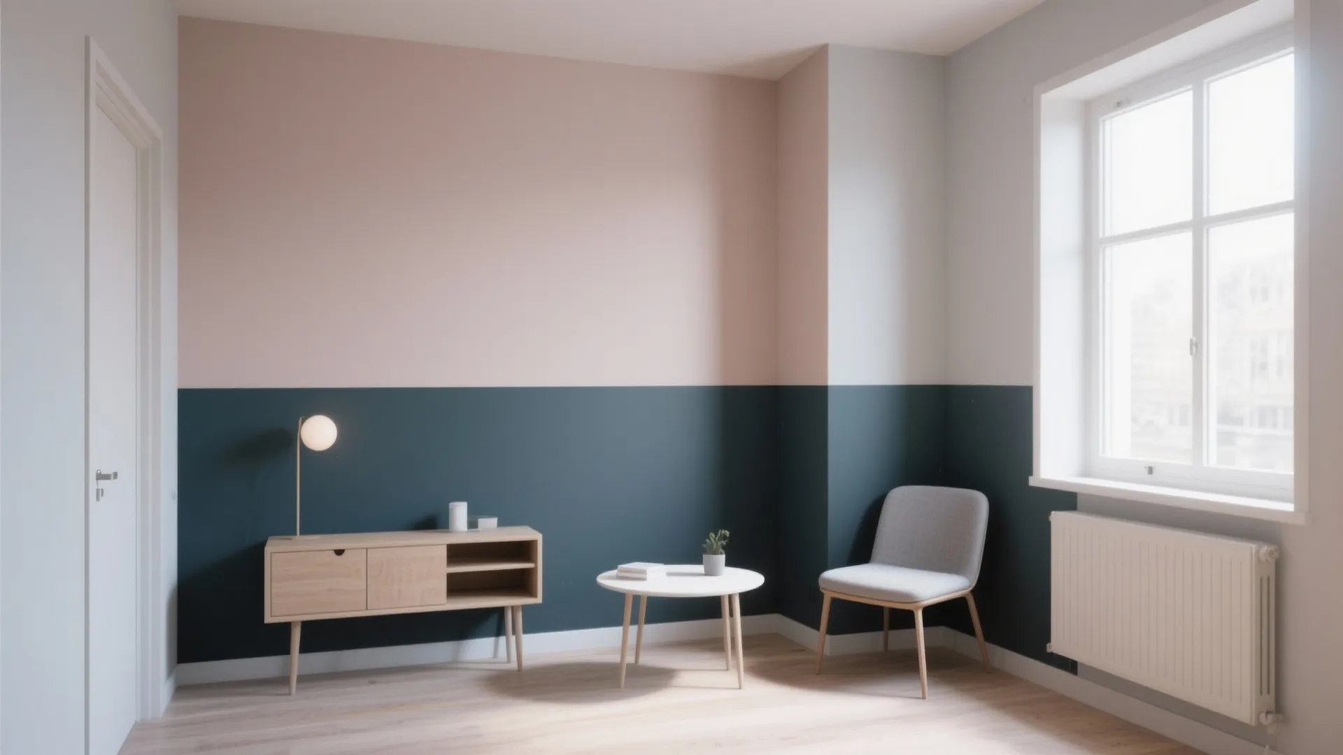 Room with pink and blue walls featuring a wooden cabinet, white table, and grey chair