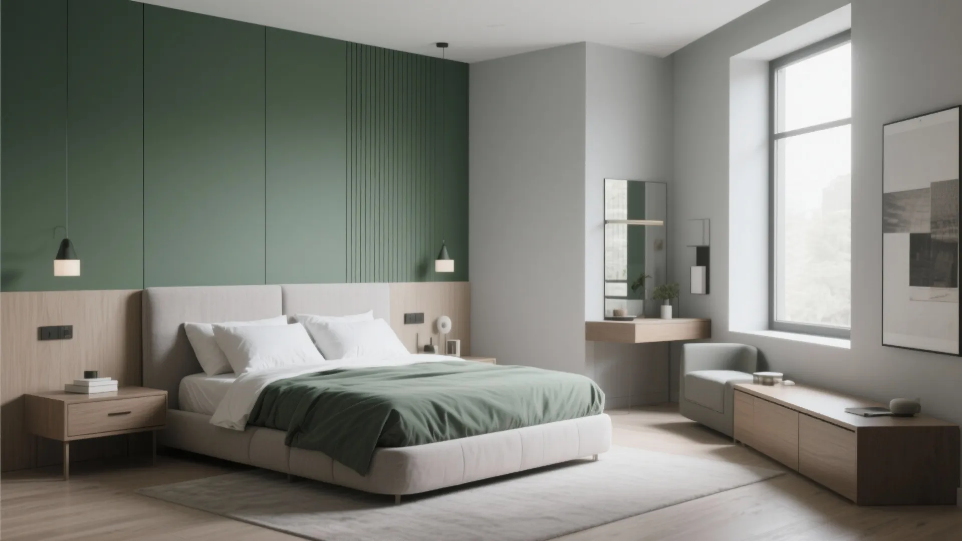 Modern bedroom with green wall panels, grey bed, green blanket, wooden cabinet, and natural light