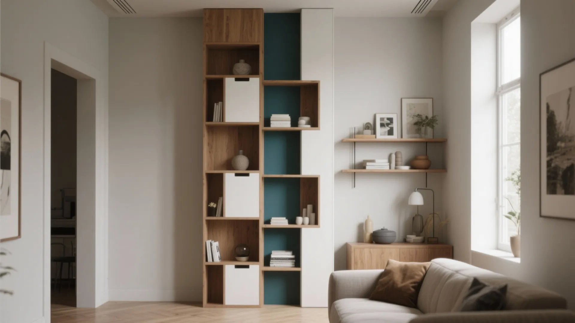 2. Narrow floor-to-ceiling columns — vertical storage wins