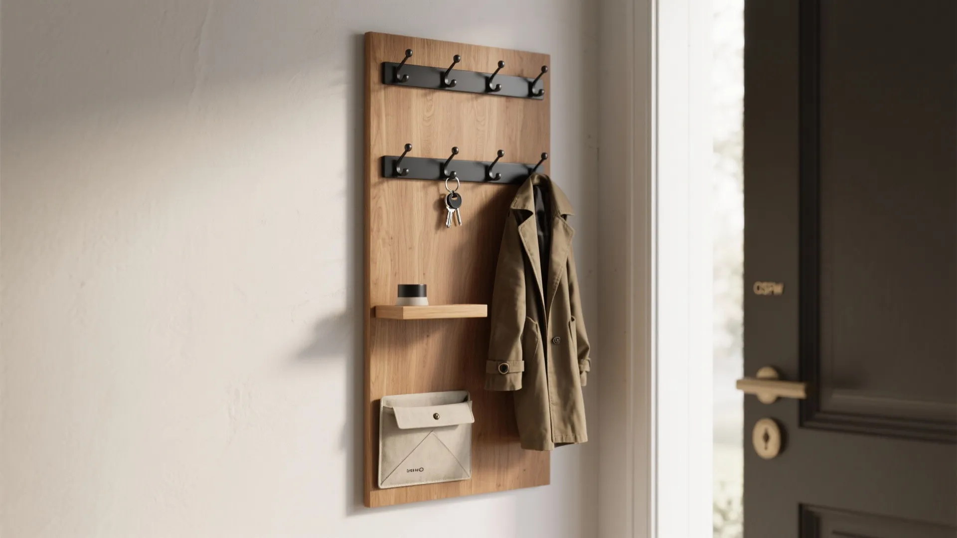 Slim wall-mounted vertical command center with hooks, a small shelf for keys, and a mail pocket in a narrow entry.