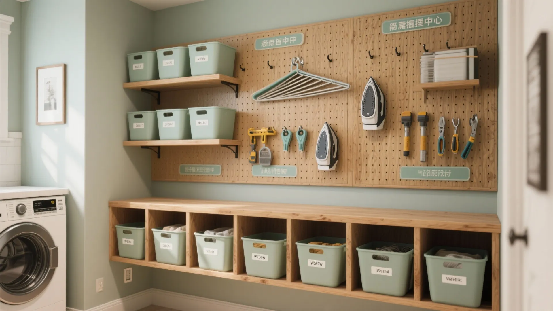 Vertical command center with open shelving, labeled baskets and pegboard