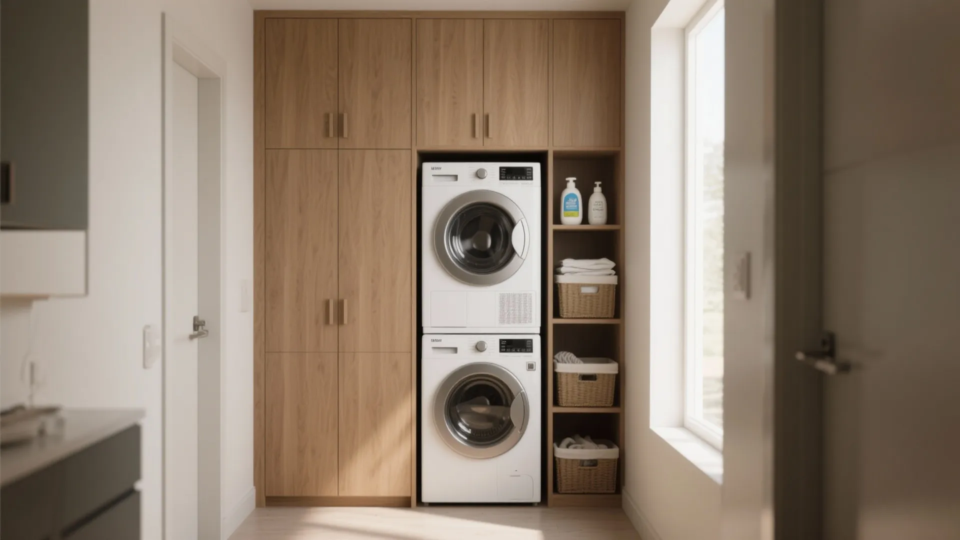 Wooden laundry cabinet with stacked white washer dryer units beside open shelves and a bright window