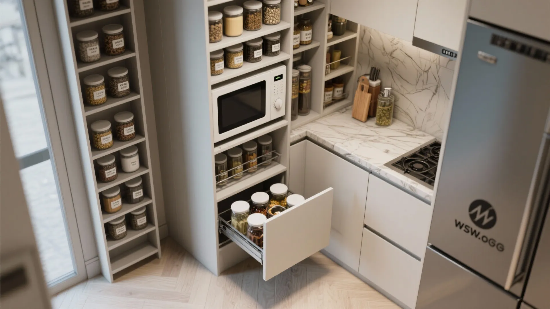 Vertical modular shelf tower beside a corner carousel pull-out in a compact kitchen, showing organized jars and appliances.