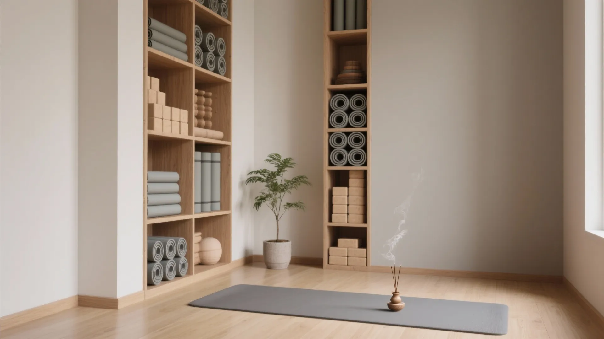 Yoga room with wooden storage shelves, grey floor mat, green plant, and burning incense sticks