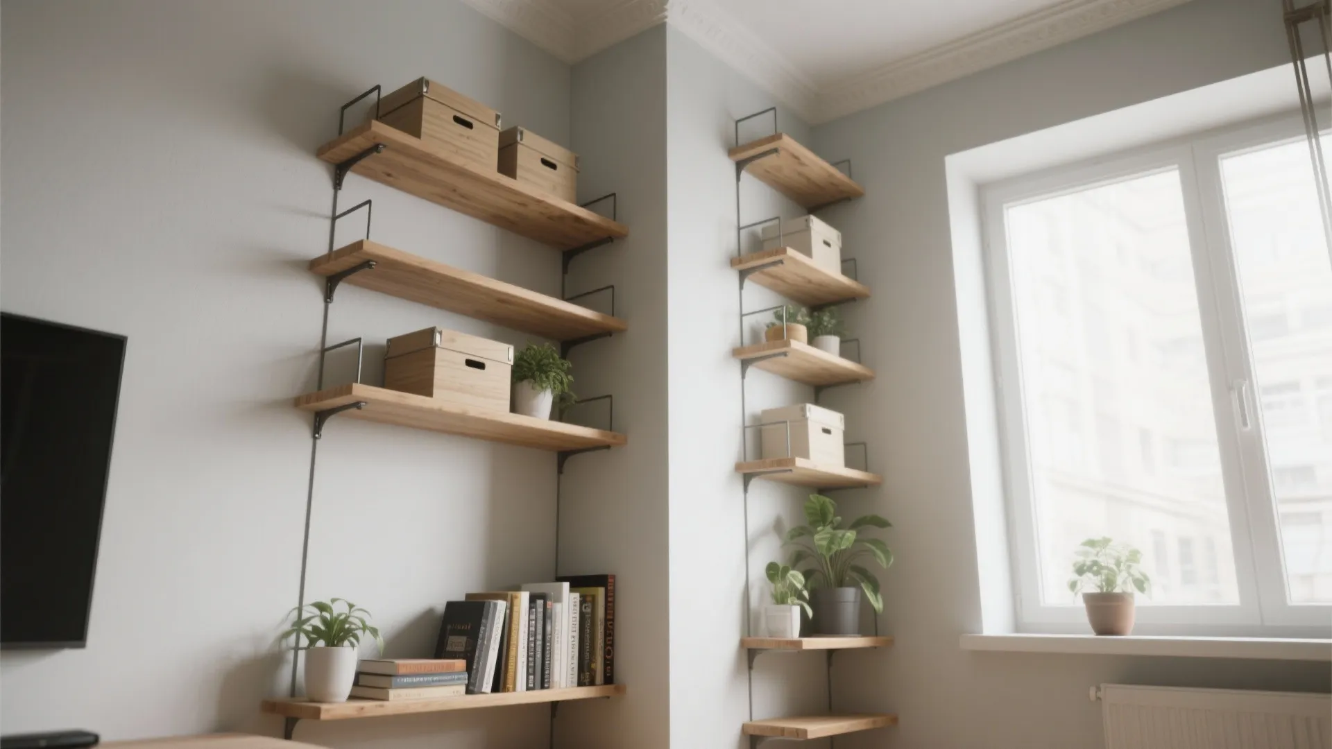 4. Vertical corner shelves to the ceiling