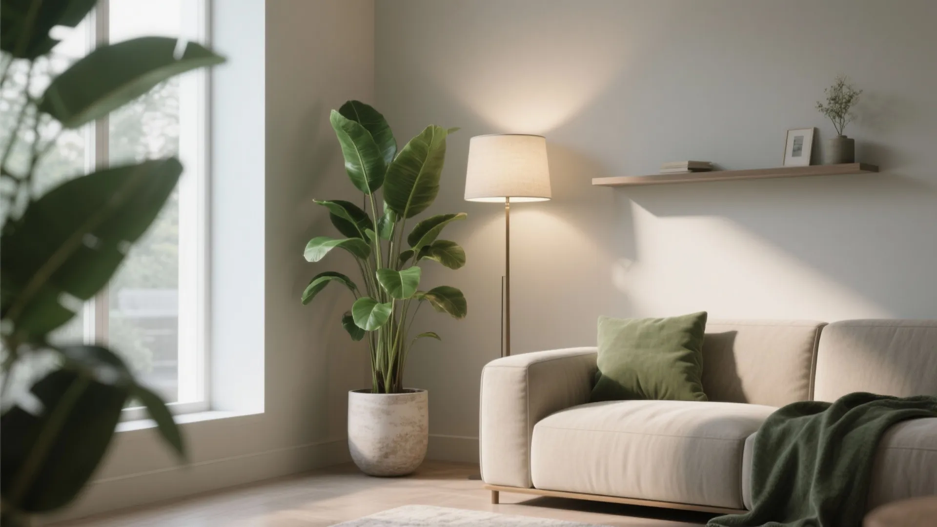 Corner sofa anchored by a vertical floor lamp, tall plant, and floating shelf creating a taller feel.