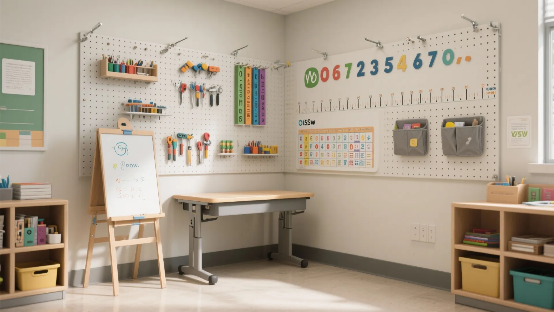 Kids learning corner with white pegboard wall wooden desk small easel and organized storage bins layout