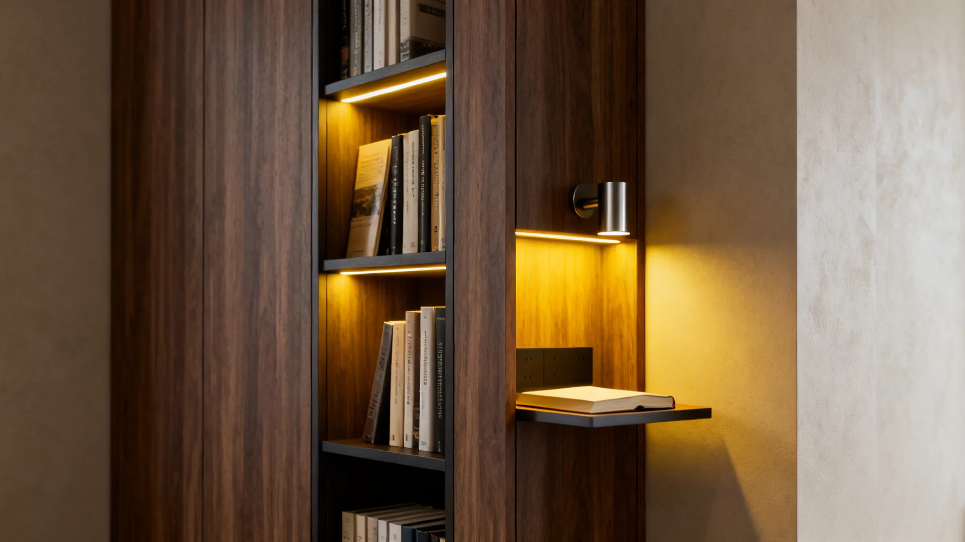 Tall narrow corner shelving unit with integrated dimmable LED reading lights and warm wood finish.