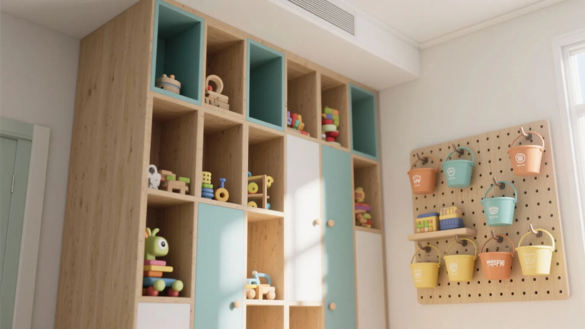 2. Vertical cubbies and pegboard zones