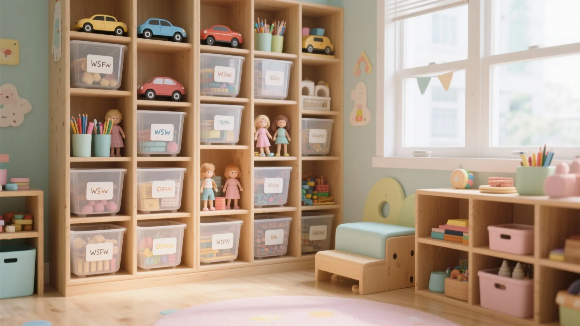 Tall wooden toy shelf with plastic bins and dolls next to a large bright window