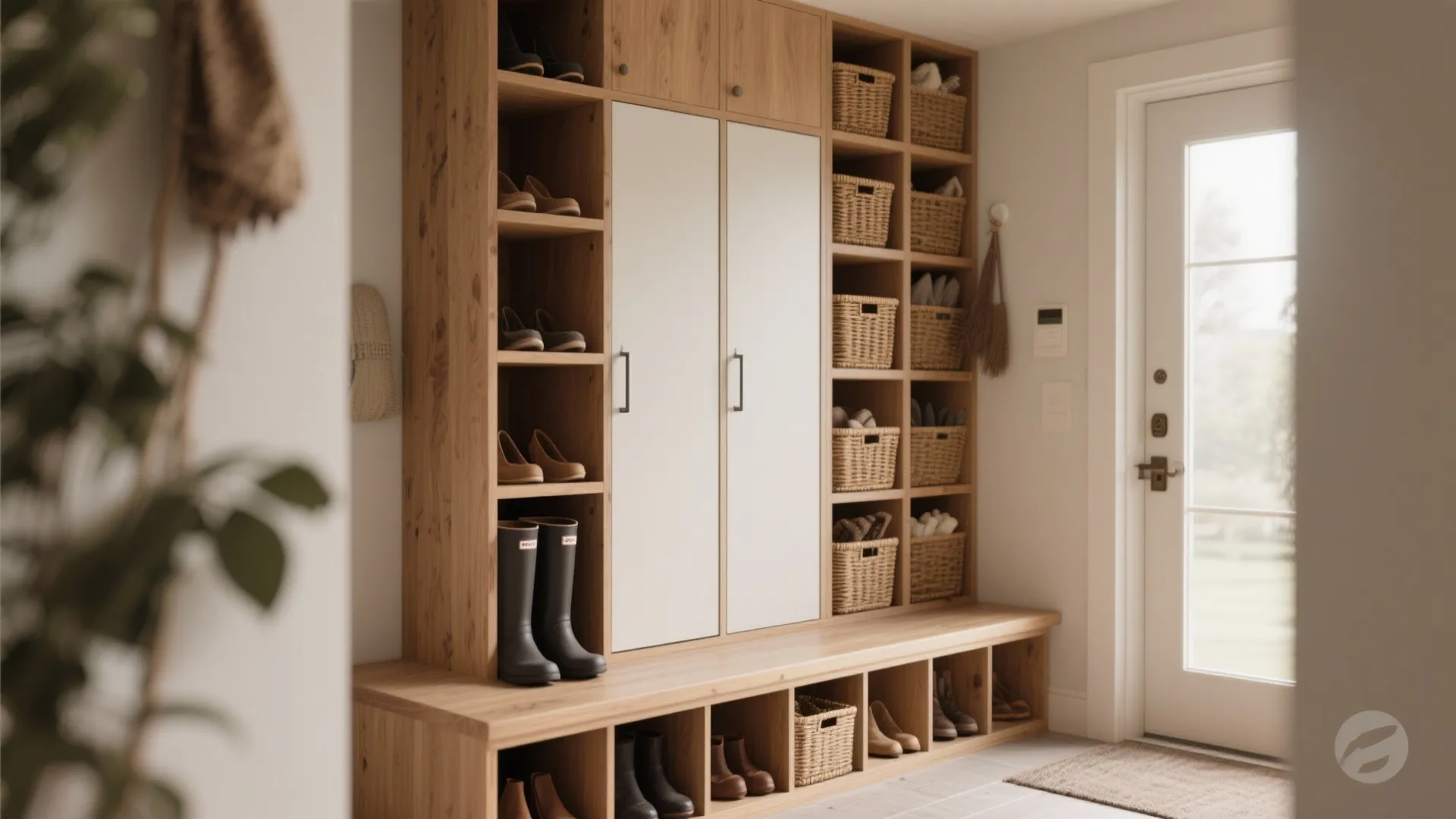 Stacked shallow cubbies beside a slim bench with tall boot column and woven baskets for neat shoe storage.