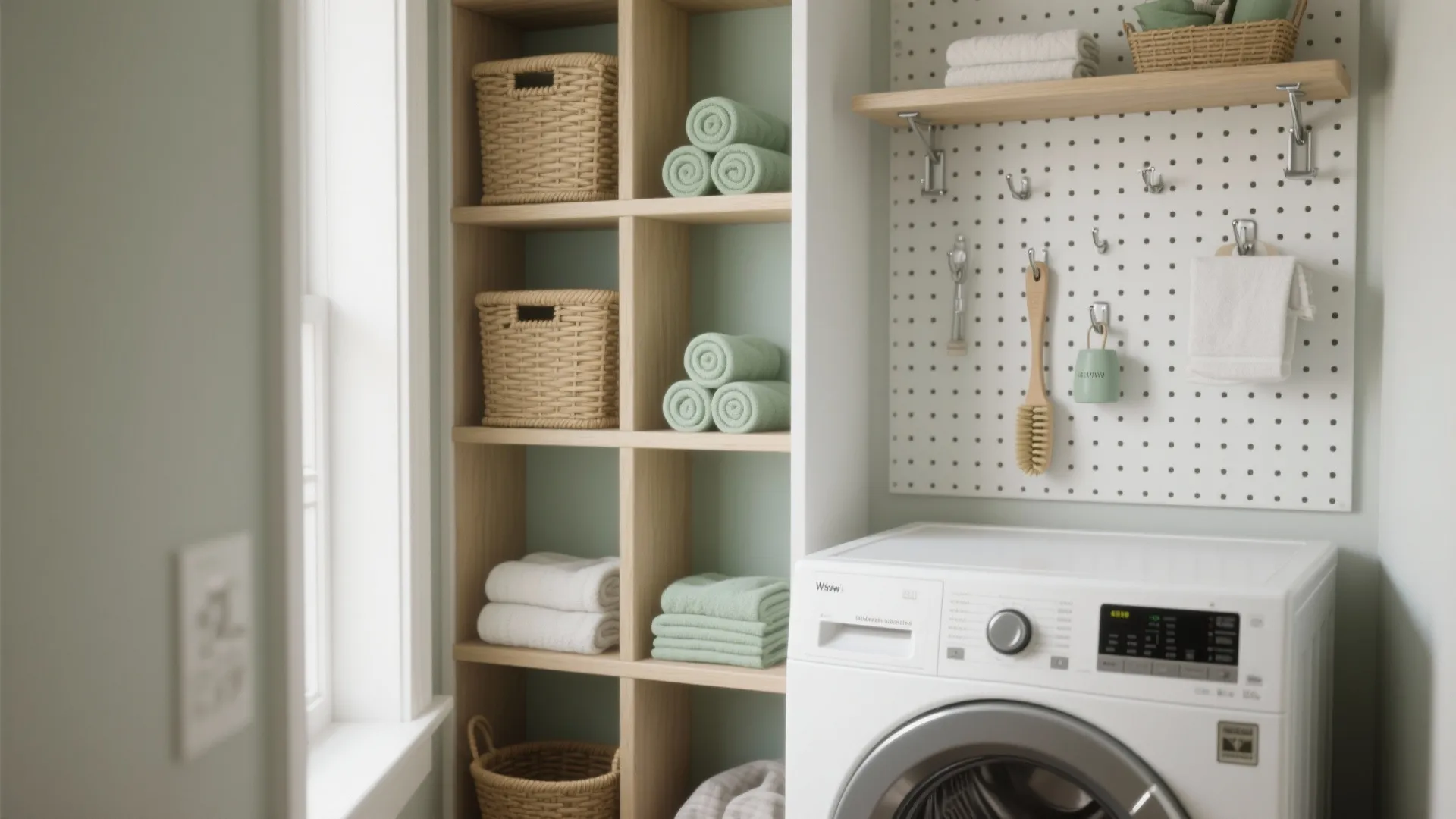Organized laundry room featuring wooden storage cubbies for towels and pegboard with small hanging cleaning tools