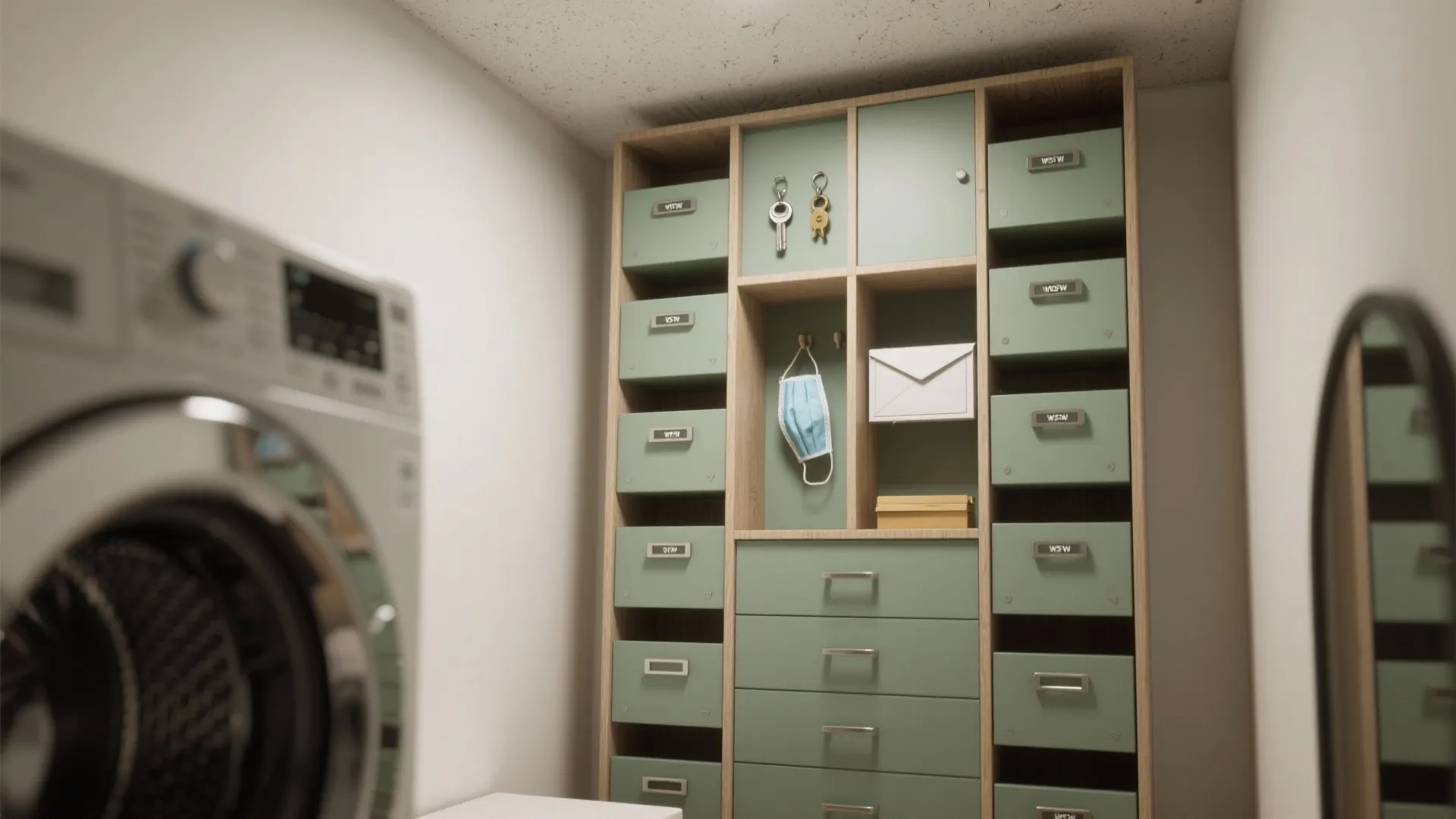 3. Vertical Cubbies with Labeled Drawers