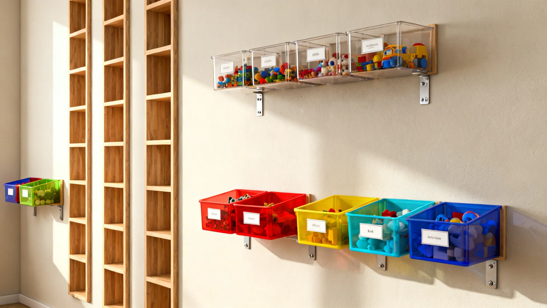 Tall narrow cubbies and wall-mounted clear bins storing sorted small toys and LEGO pieces
