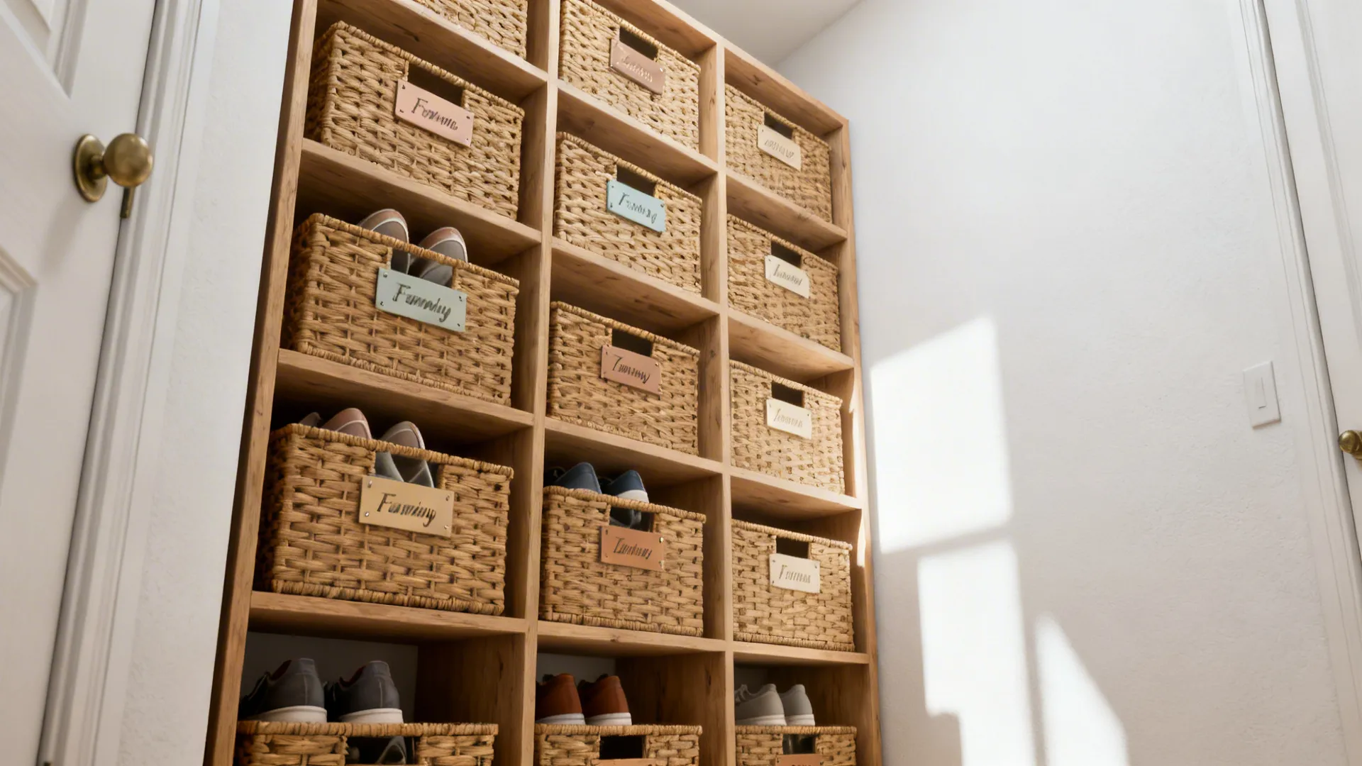 Tall vertical cubbies with labeled woven baskets storing shoes in a narrow entry