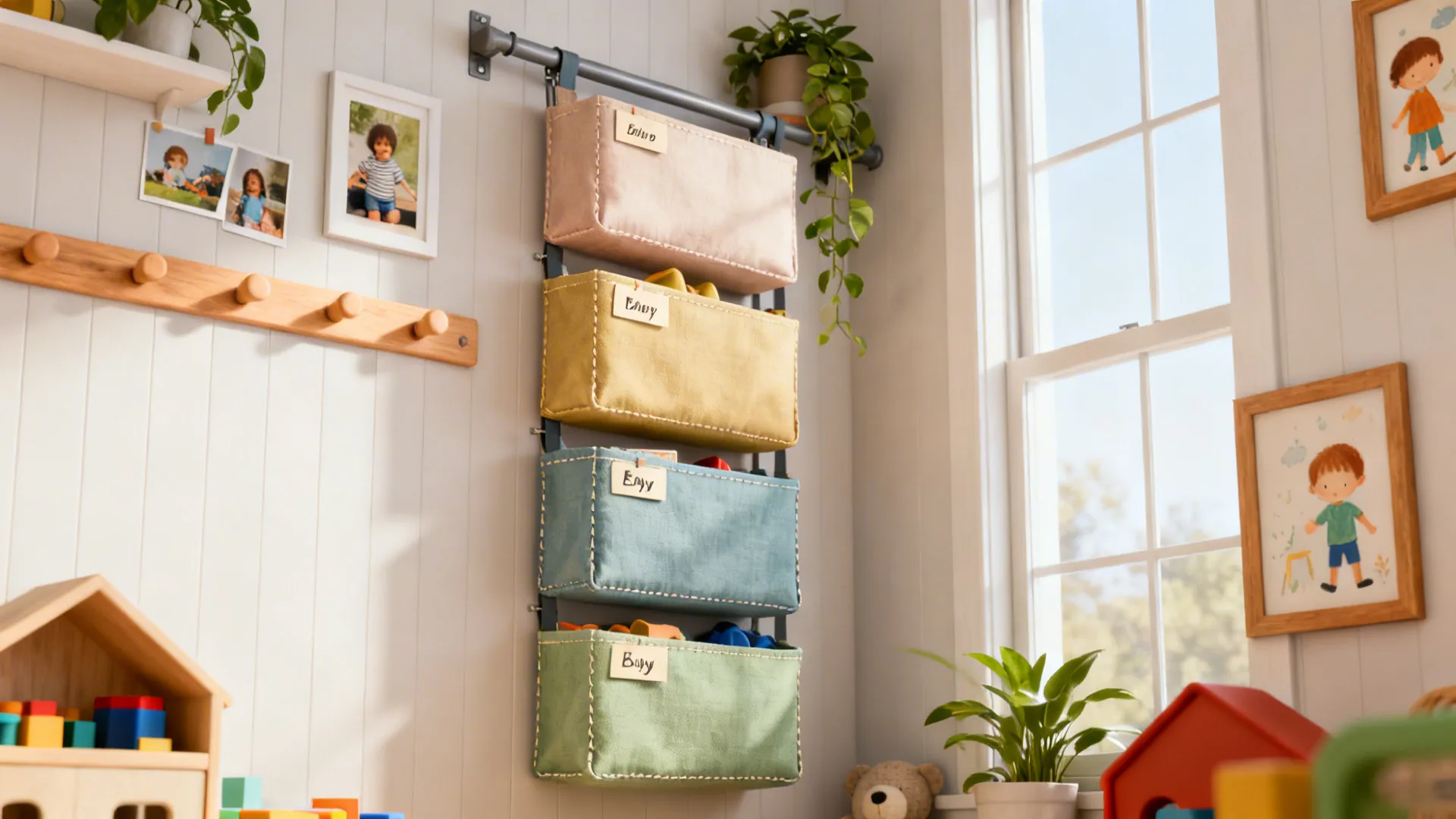 Wall-mounted fabric bins staggered at child-eye height for vertical toy storage, neatly labeled.
