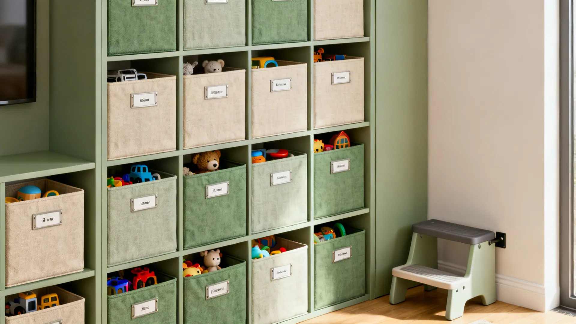 Slim floor-to-ceiling cubby storage with labeled fabric bins in a small living room.