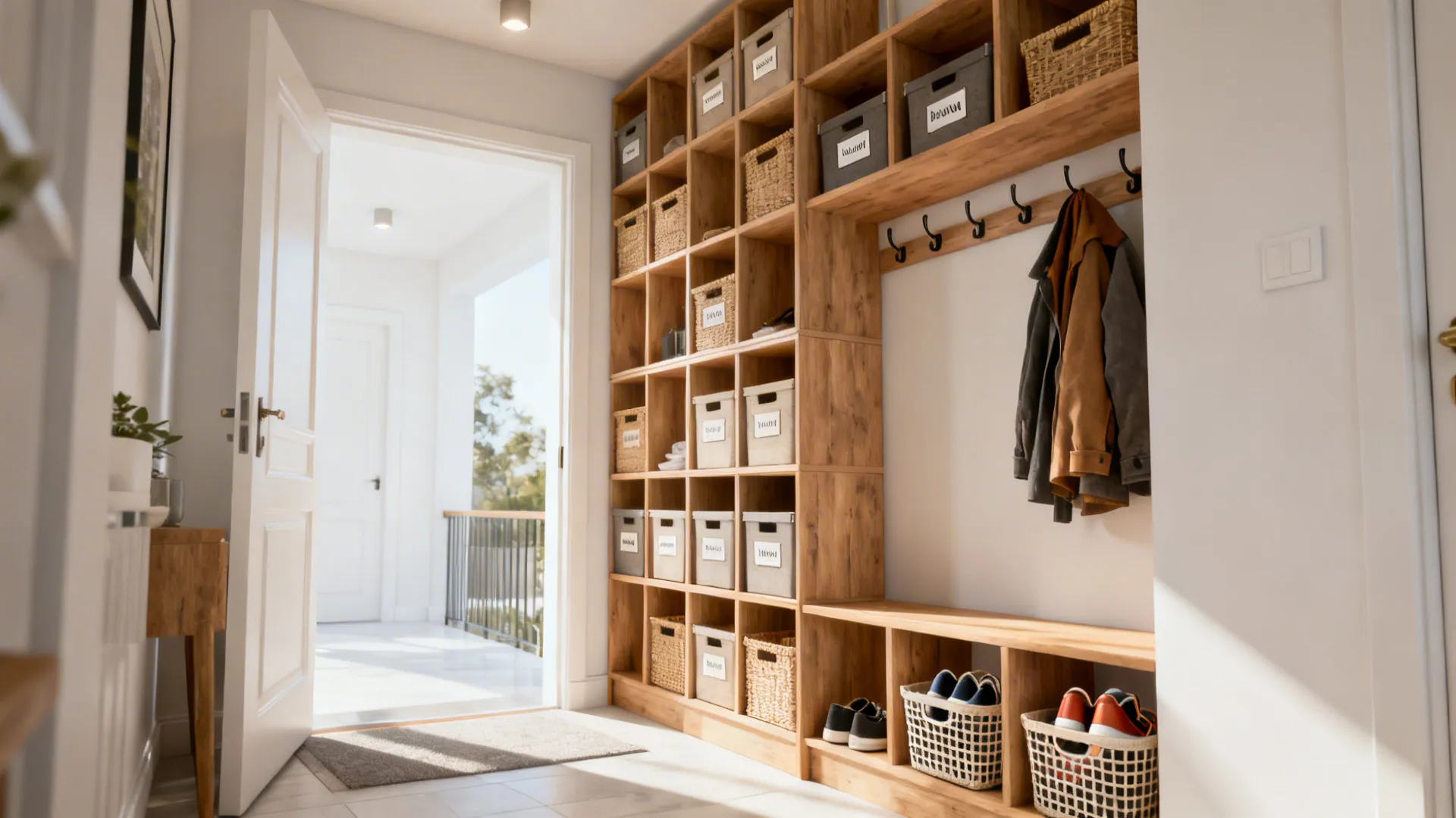 Vertical cubbies with labeled baskets and shoes beside a wall hook zone in a bright entryway.