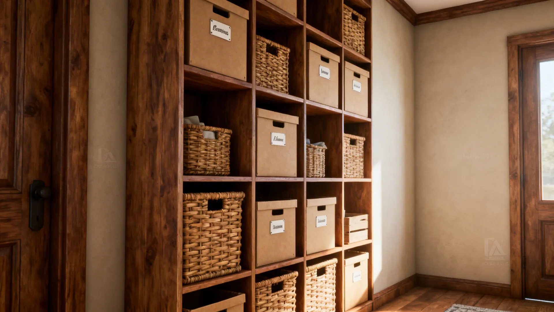 Tall vertical cubby wall with open shelves, baskets and labeled bins for shoes