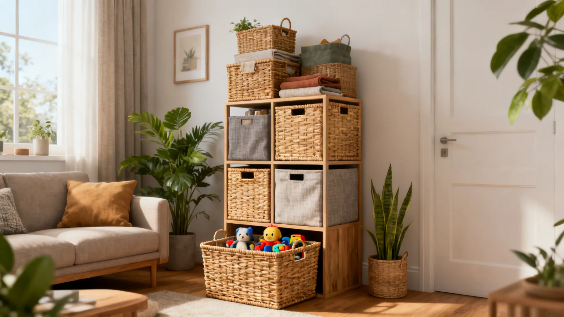 Tall cube shelving with woven baskets and a low basket for daily toys