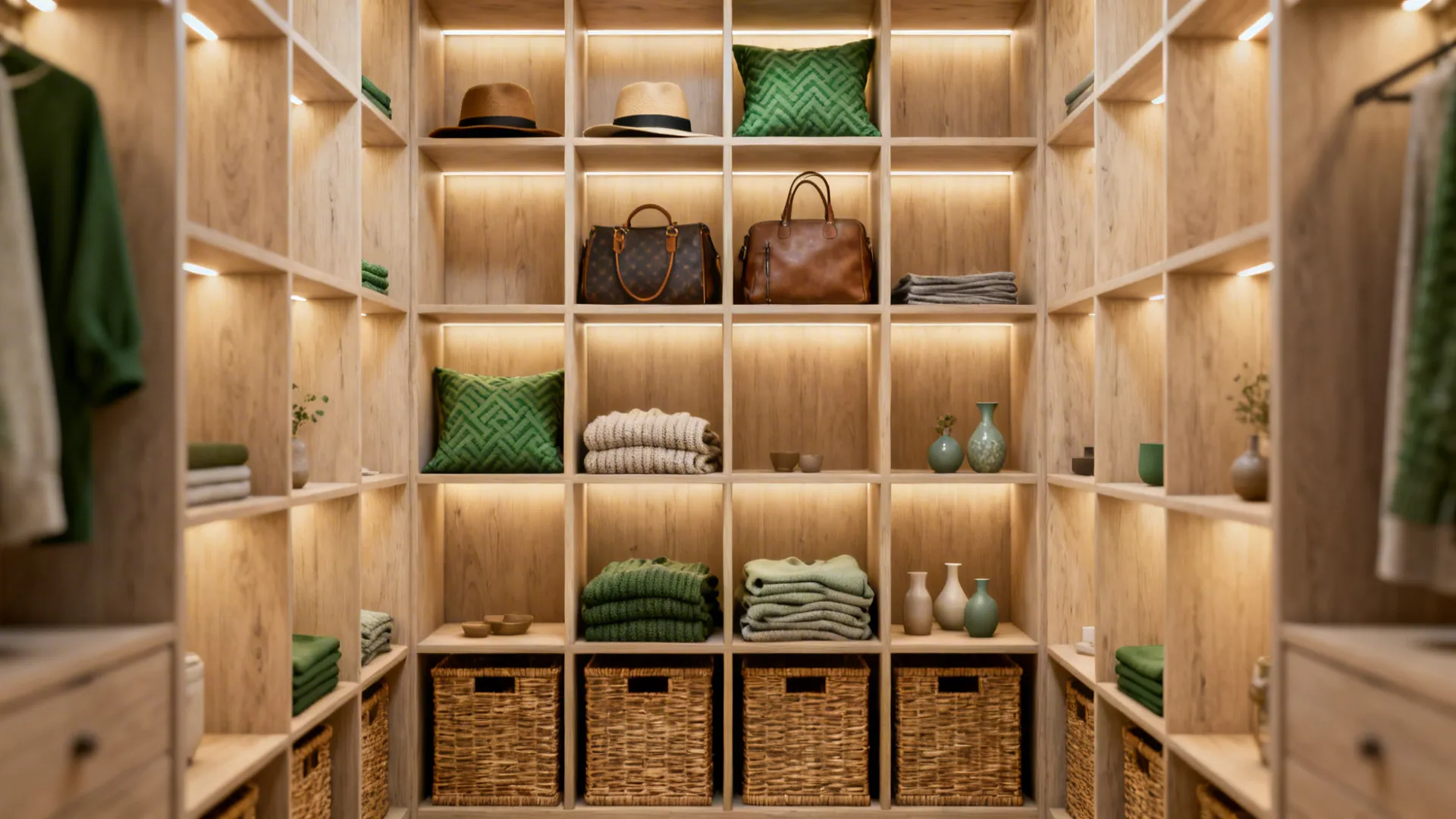 Vertical cube shelving organizing hats, bags, and folded knits with baskets