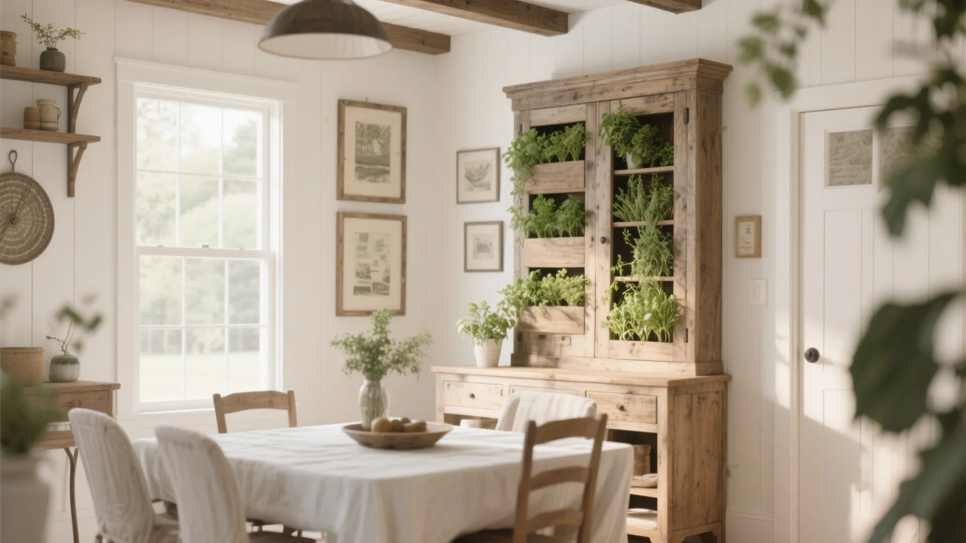 Farmhouse dining room with tall cabinet and herb garden