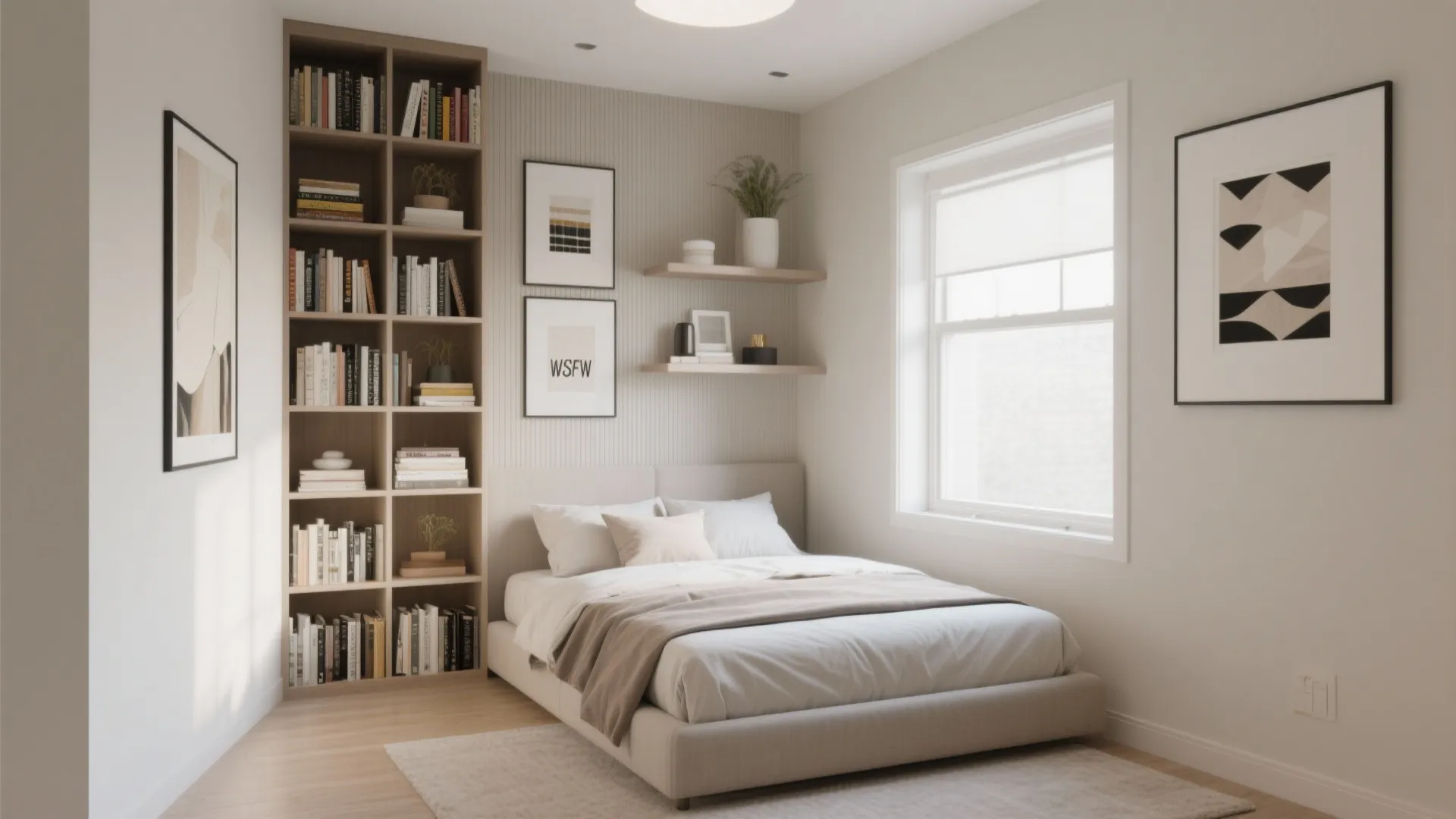 Small bedroom featuring built in tall bookshelf wall shelves framed art and a white window
