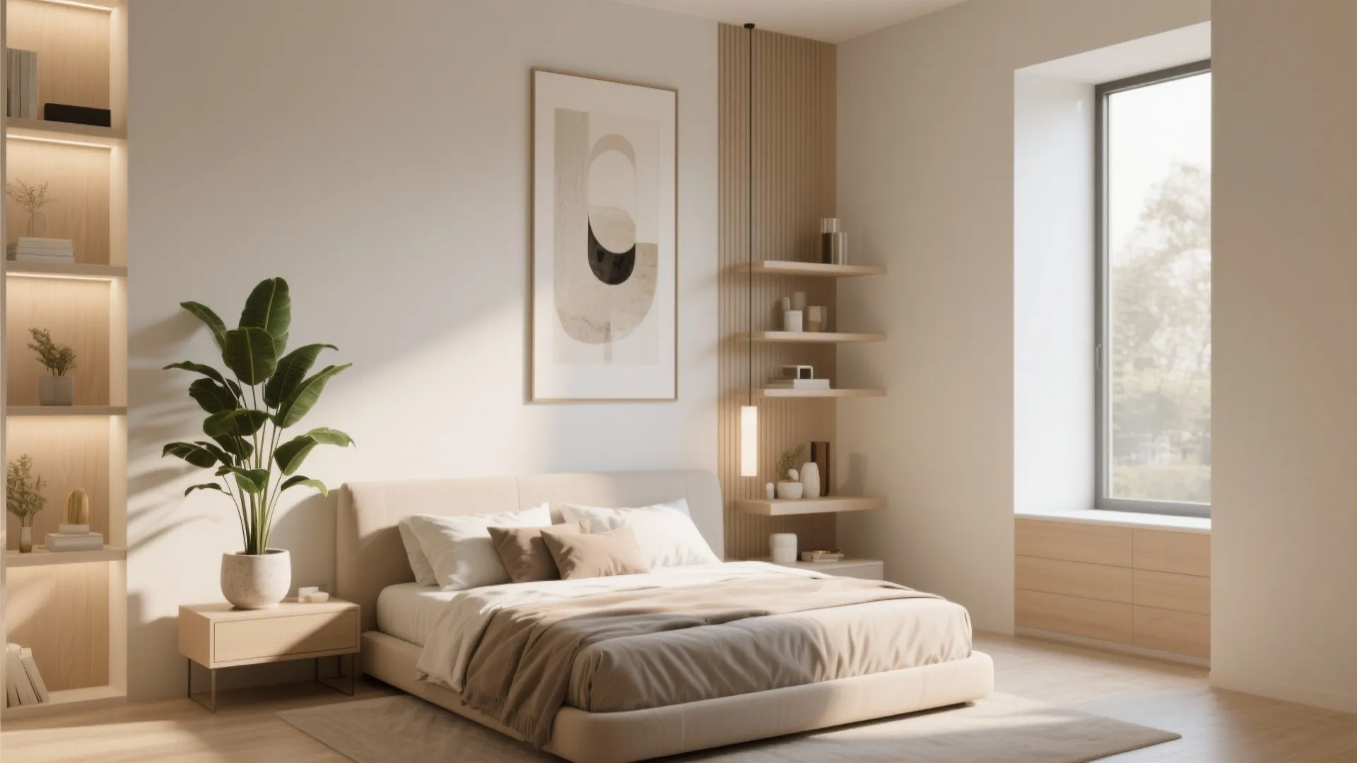 Modern bedroom featuring a large bed green plant wall shelves with light and framed art