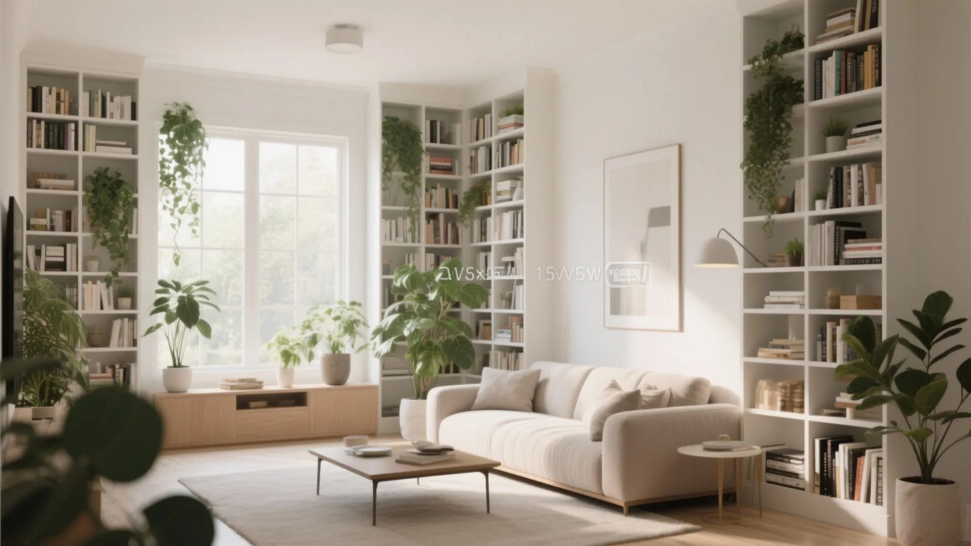 Bright living room with white sofa and floor to ceiling bookshelves filled with green plants