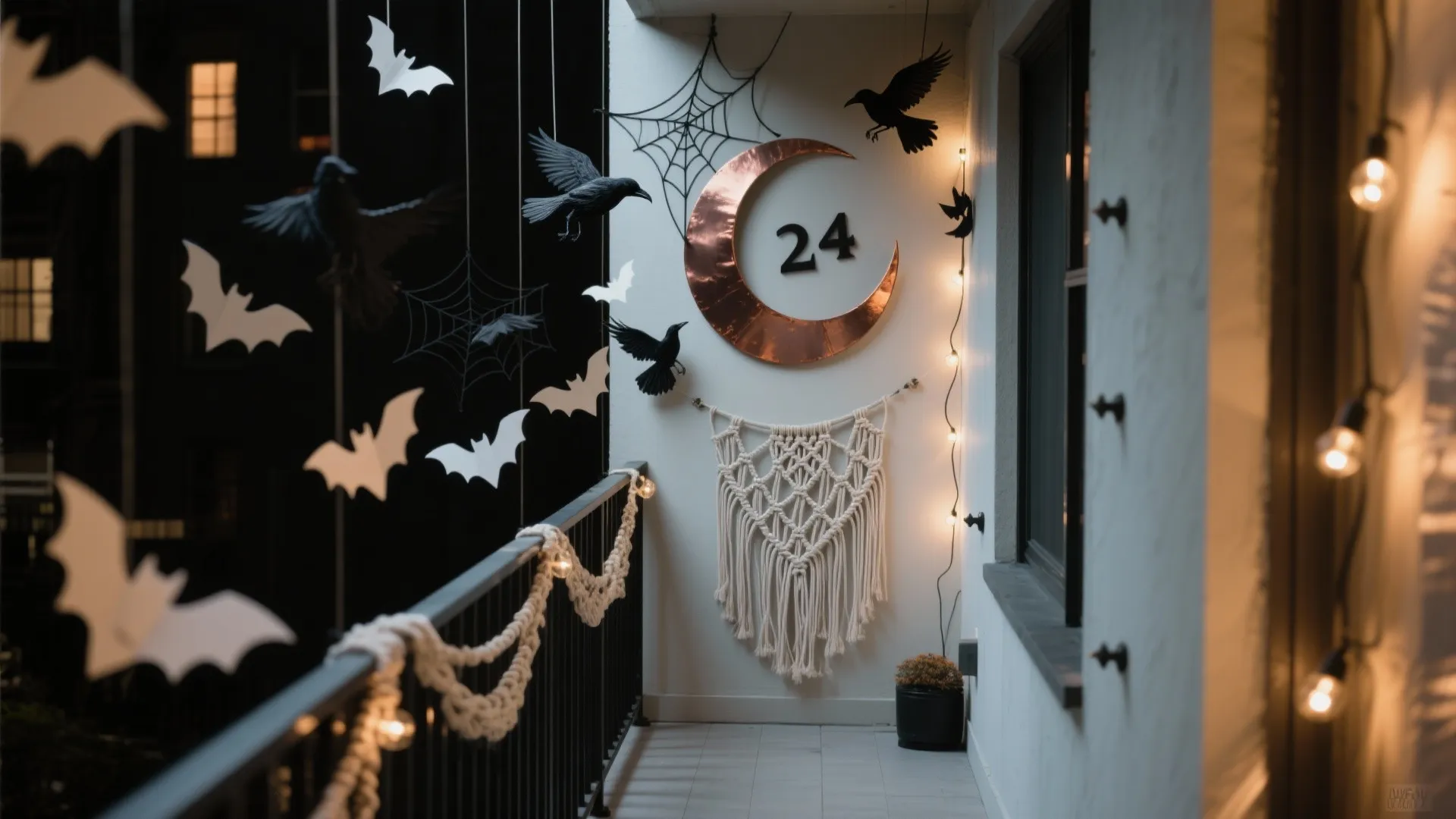 Outdoor balcony decorated for Halloween with black bird cutouts hanging moon and white wall tapestry