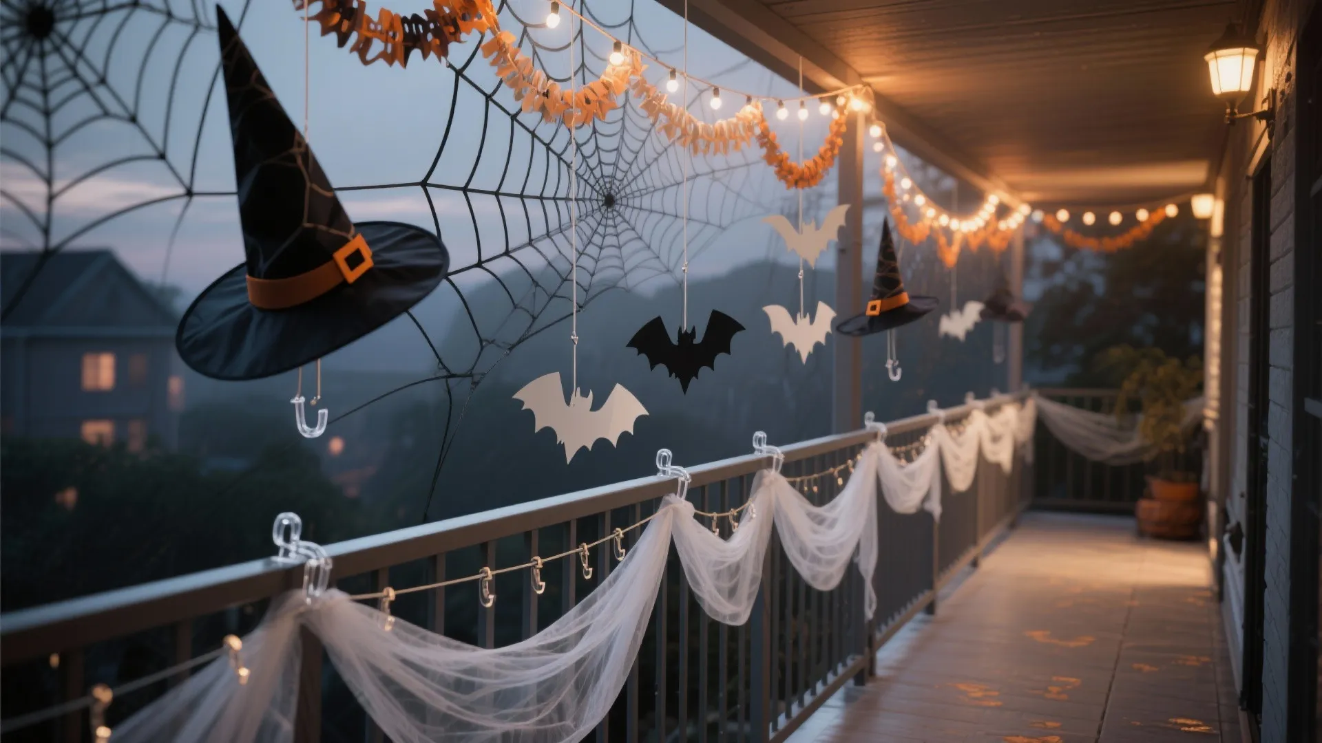 Halloween balcony decorations with spider webs witch hats paper bats and white fabric on railing