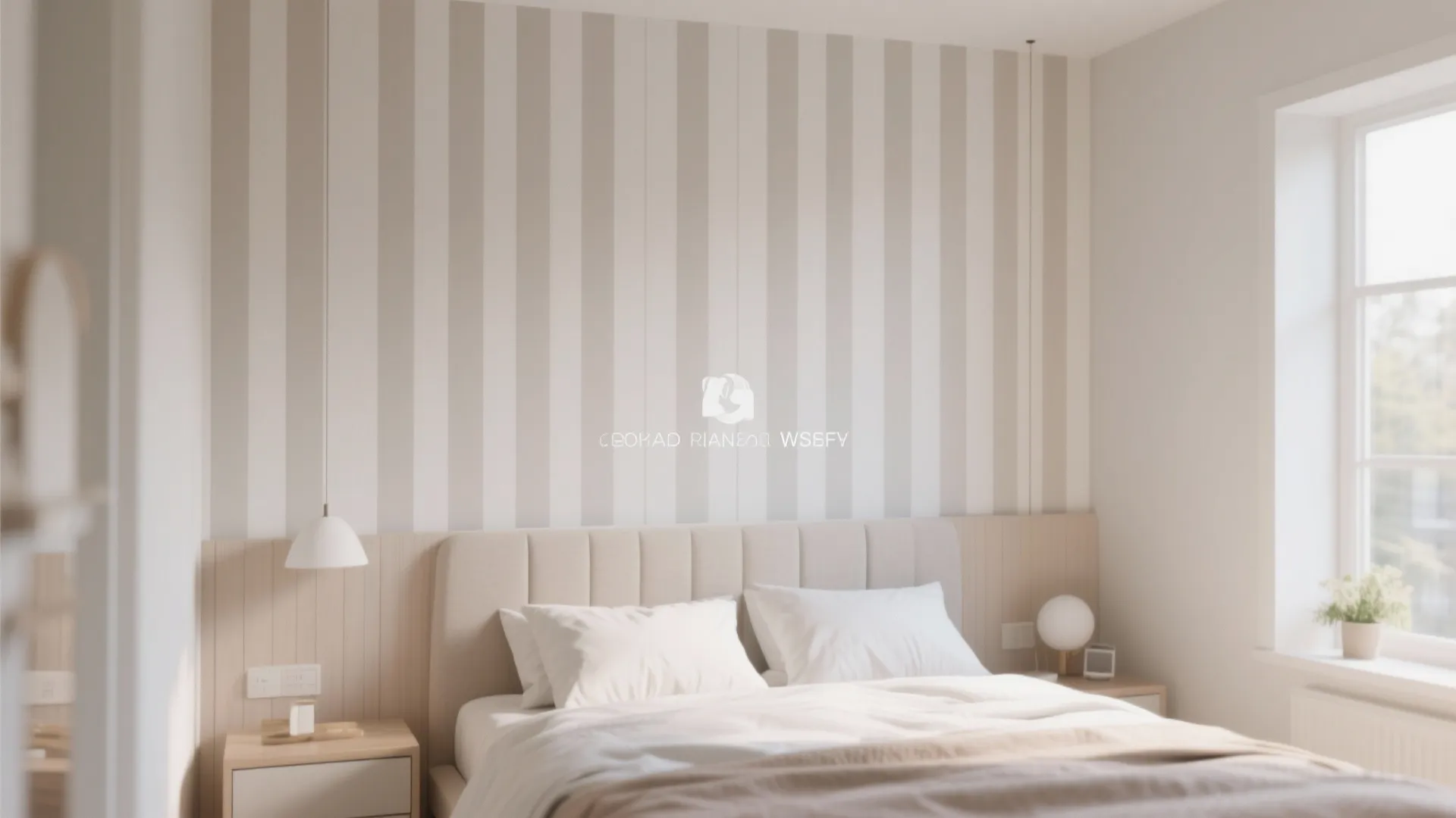 Small bedroom with vertical striped wallpaper and tall headboard