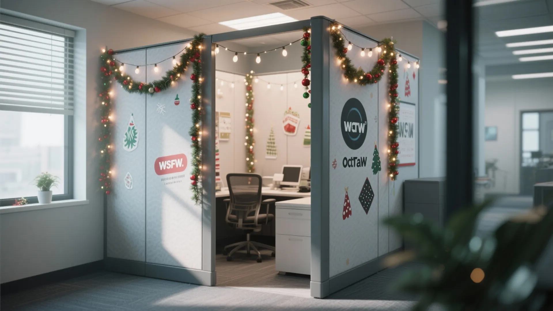 Office cubicle decorated with green garlands red ornaments hanging string lights and small festive stickers