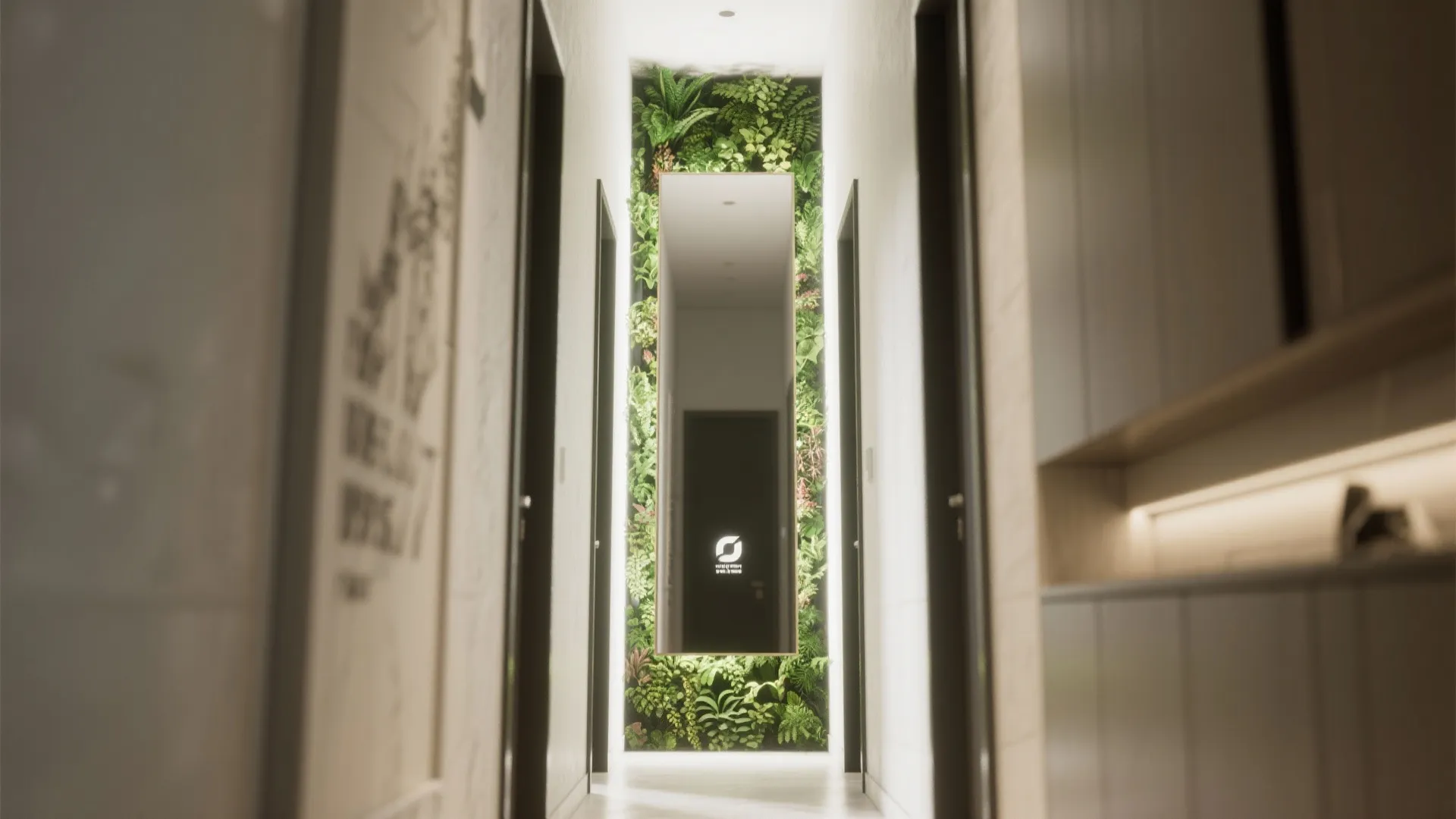 Minimalist white hallway interior design drawing with vertical green plant wall and a large tall mirror