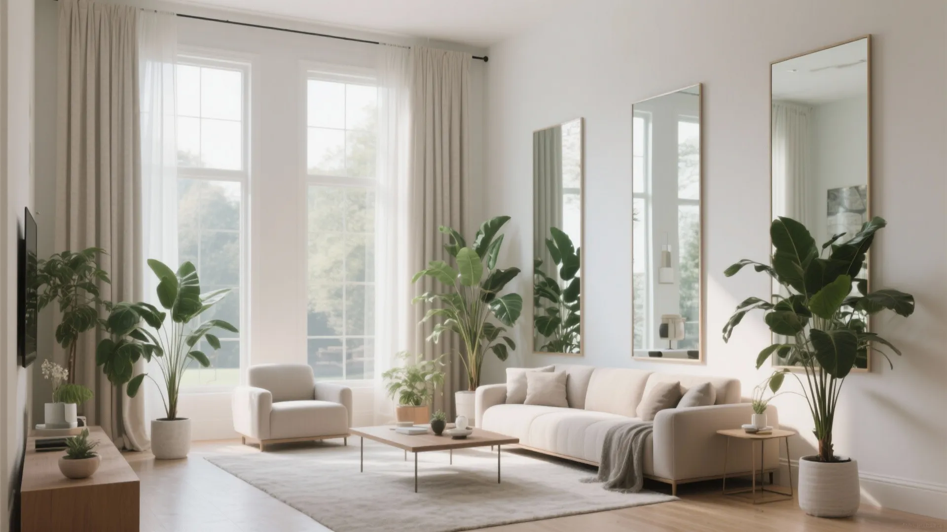 Bright living room with tall windows long mirrors green indoor plants and a comfortable sofa